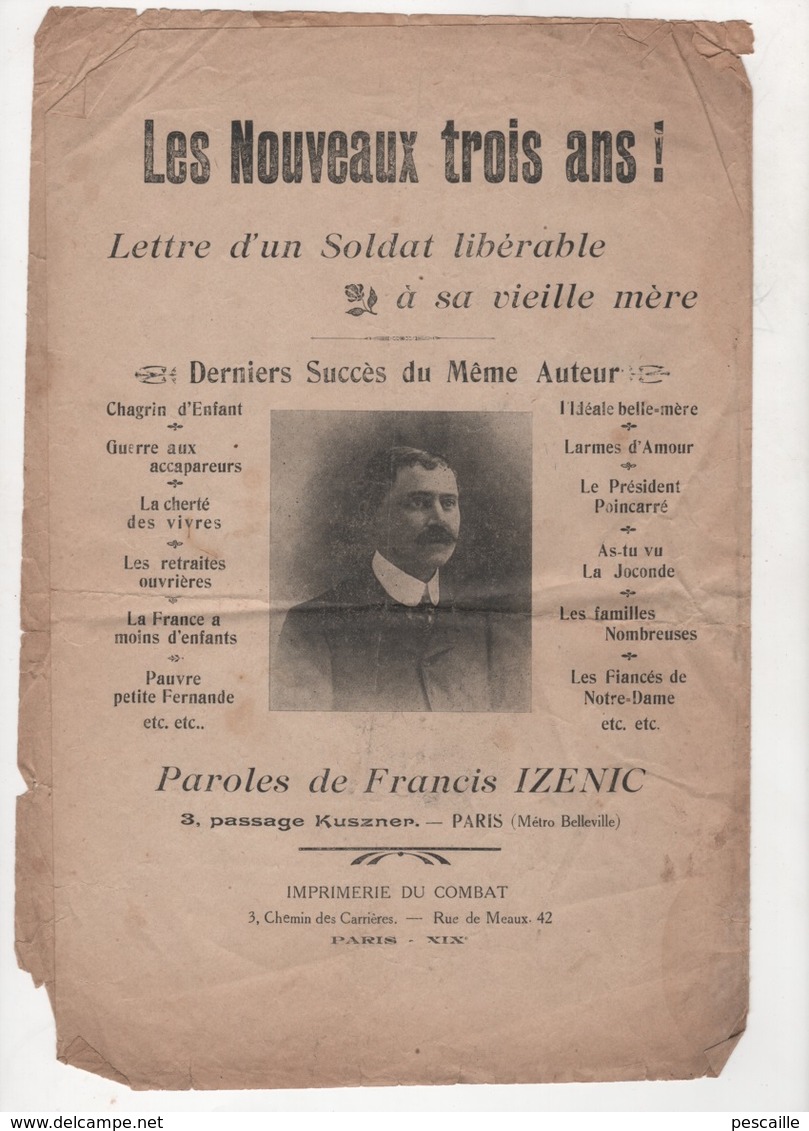 LES NOUVEAUX TROIS ANS - LETTRE D'UN SOLDAT LIBERABLE A SA VIEILLE MERE - PAROLES FRANCIS IZENIC AIR DE LA SOURIS NOIRE - Partitions Musicales Anciennes