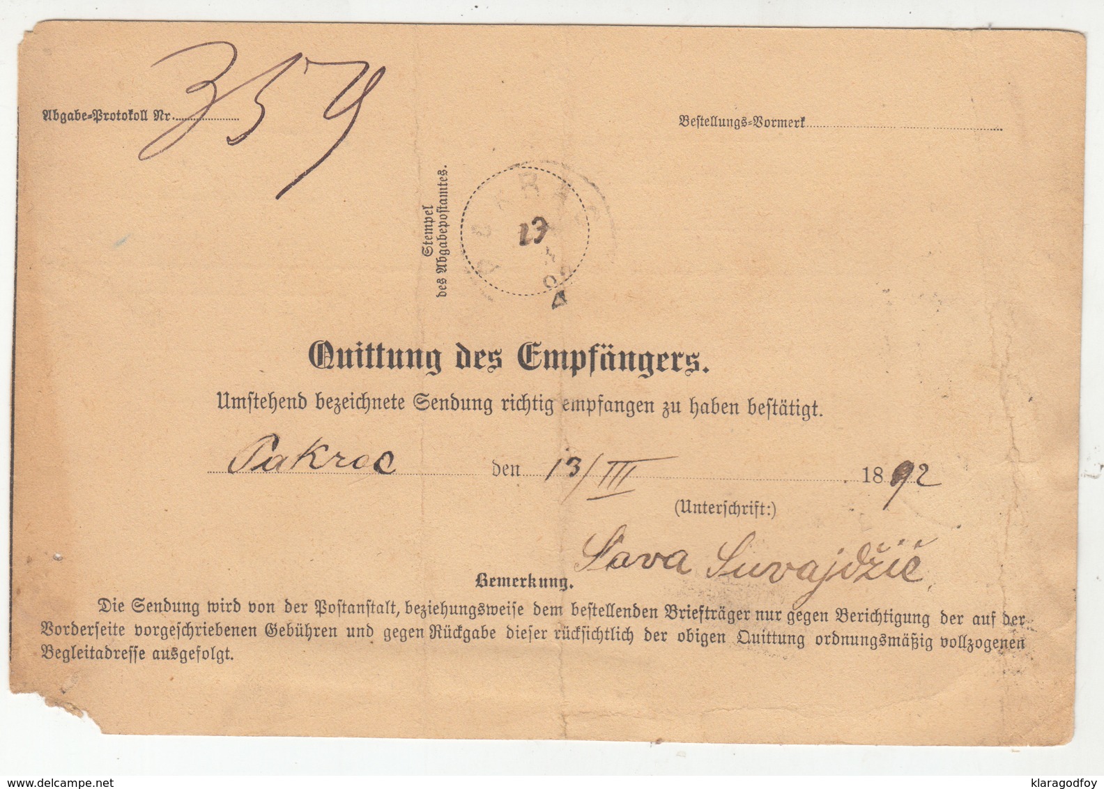 Austria Post-Begleitadresse Nachname Postal Stationery 1892 Graz, Murvorstadt To Pakrac B180910 - Briefe U. Dokumente