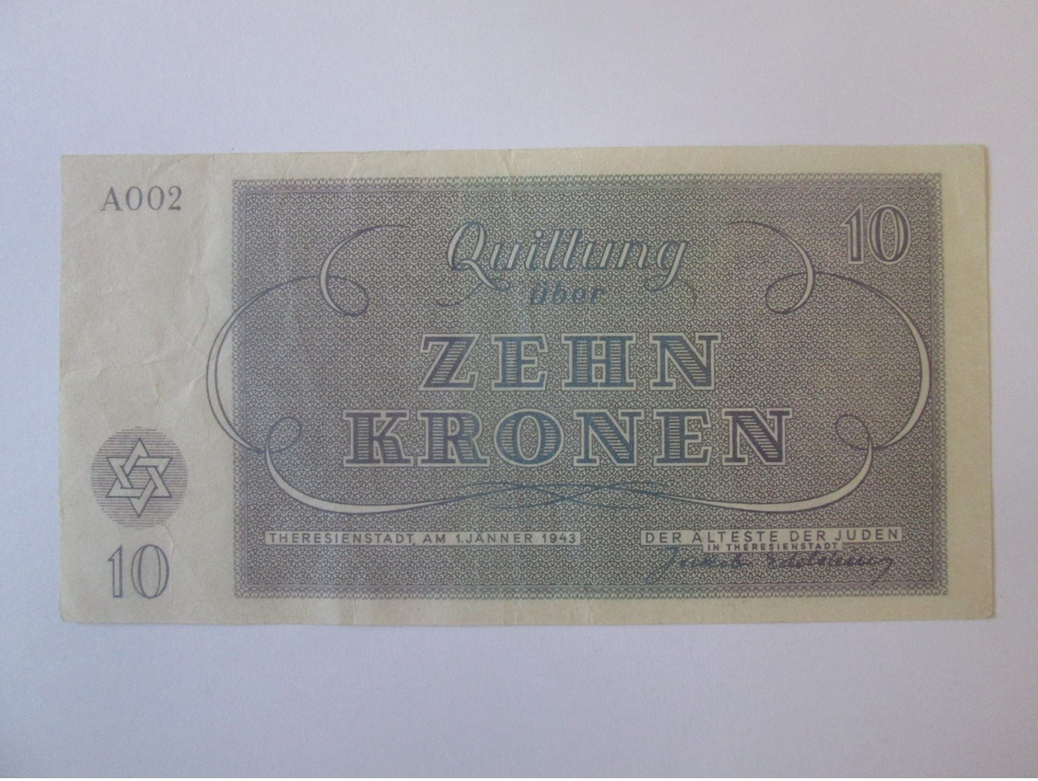 Rare! Ghetto Terezin/Theresienstadt-Czechoslovakia,10 Kronen 1943 Banknote-SERIES A002-very Good Condition - Tchécoslovaquie