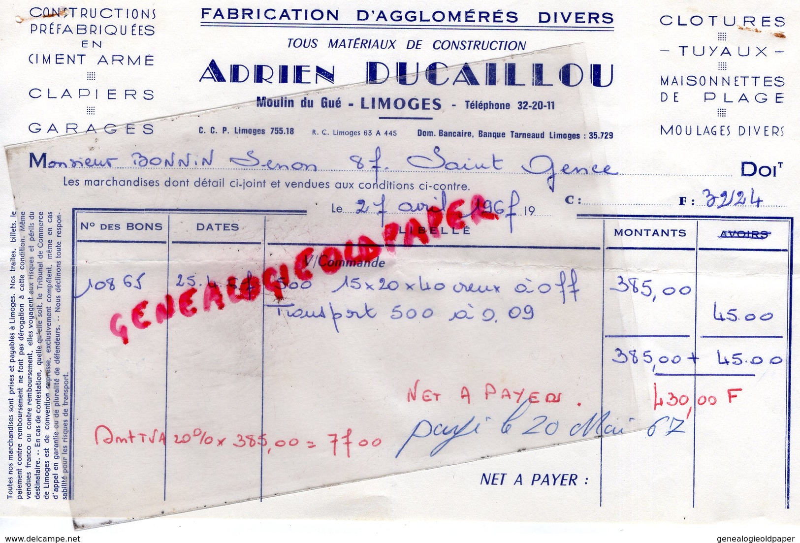 87 - LIMOGES - FACTURE ADRIEN DUCAILLOU - MOULIN DU GUE - FABRICATION AGGLOMERES - CIMENT ARME-GARAGE-1967 - Old Professions