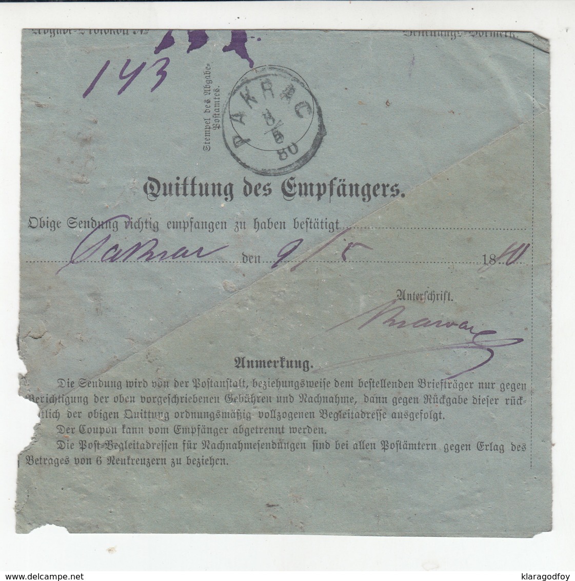 Austria Post-Begleitadresse Postal Stationery 1880 Gratz To Pakrac B180910 - Briefe U. Dokumente