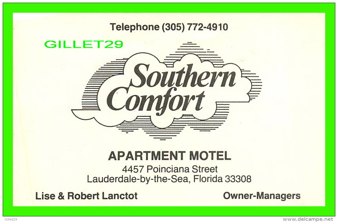 CARTE DE VISITE - SOUTHERN COMFORT APARTMENT MOTEL, LAUDERDALE-BY-THE-SEA, FLORIDA - - Cartes De Visite