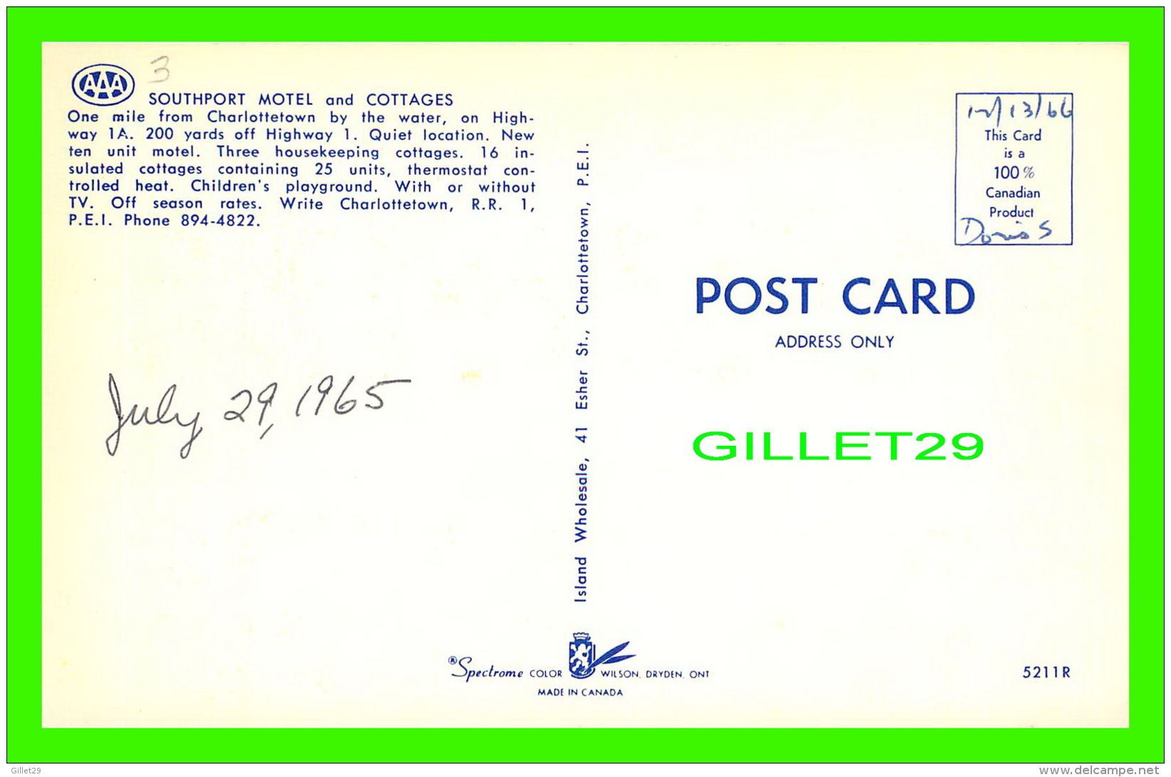 CHARLOTTETOWN, PEI - SOUTHPORT MOTEL &amp; COTTAGES - WRITTEN IN 1965 - ISLAND WHOLESALE - - Charlottetown