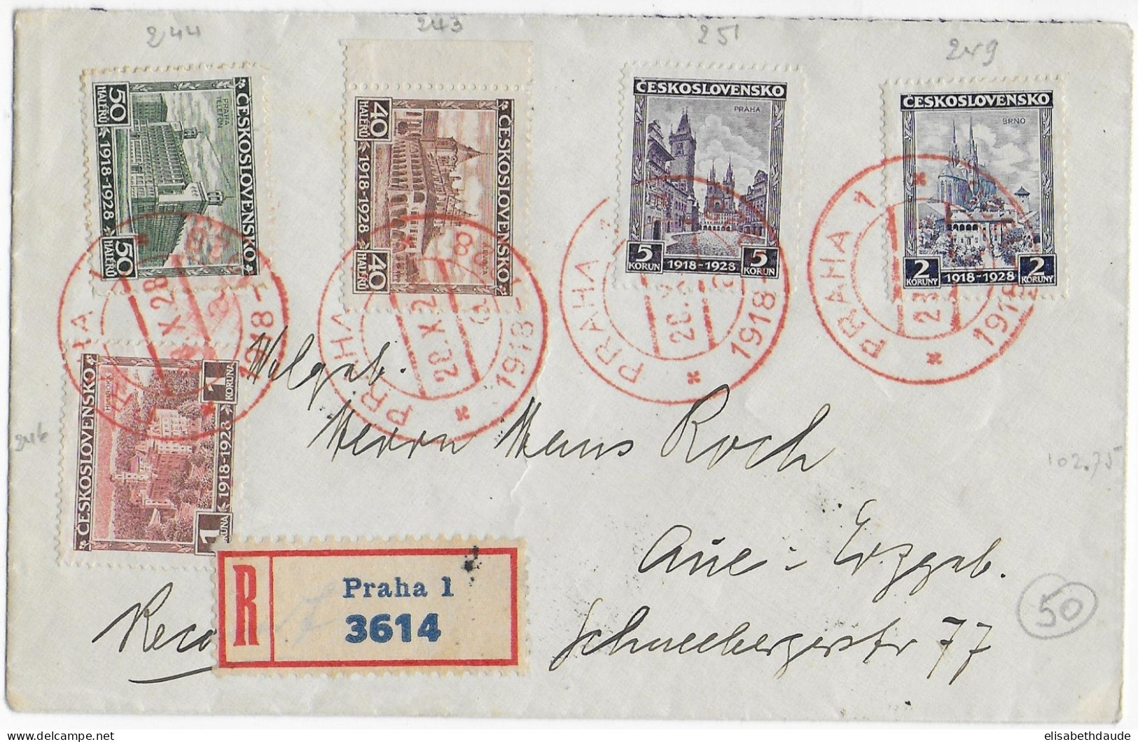 TCHECOSLOVAQUIE - 1928 - SERIE 10° ANNIVERSAIRE INDEPENDANCE + OBLITERATION - ENVELOPPE RECOMMANDEE De PRAGUE => AUE - Briefe U. Dokumente