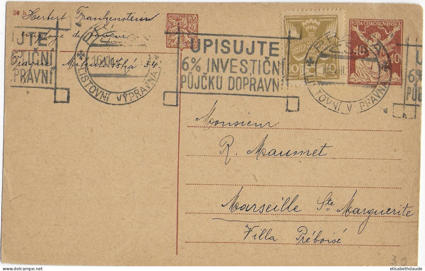 TCHECOSLOVAQUIE - 1921 - CARTE ENTIER POSTAL De PRAGUE => MARSEILLE - Cartes Postales