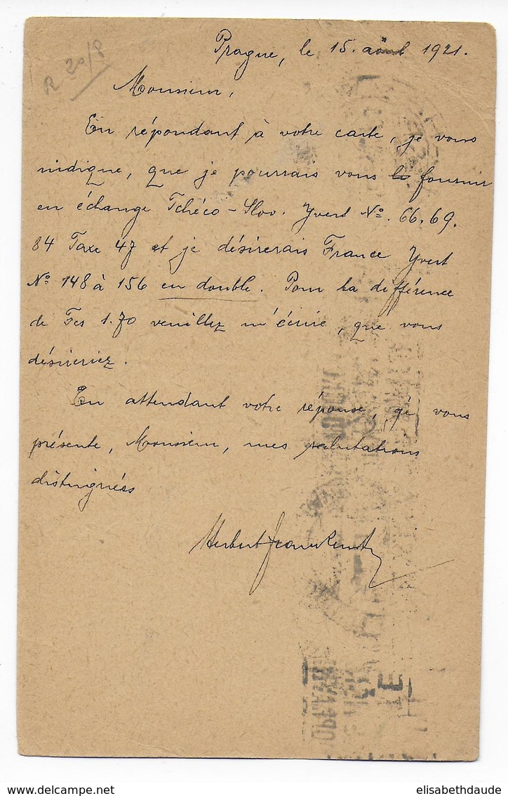 TCHECOSLOVAQUIE - 1921 - CARTE ENTIER POSTAL De PRAGUE => MARSEILLE - Cartes Postales