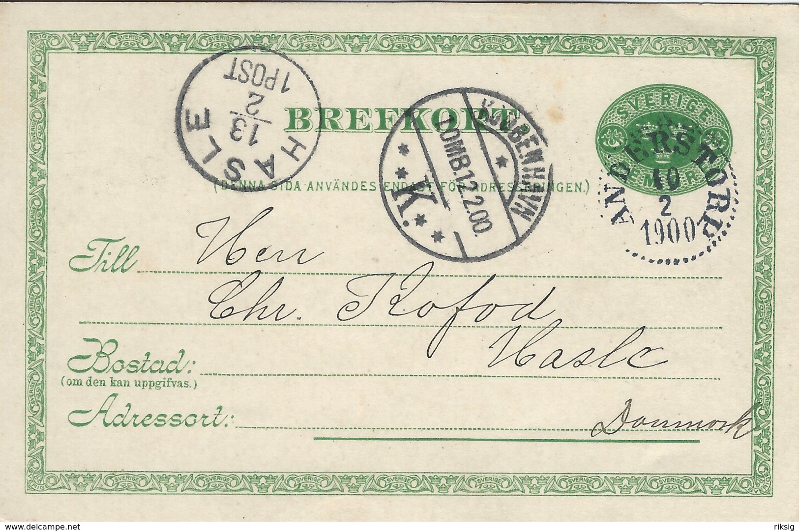 Sweden - Brefkort - Stationery.  Sent To Denmark 1900    S-4335 - Postal Stationery