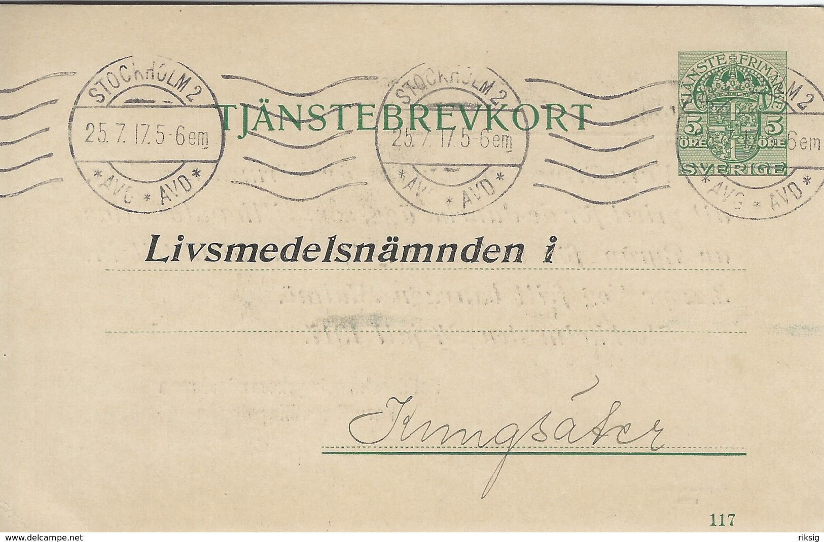 Sweden - Stationery. Tjänstebrevkort  Used 1917.    S-4336 - Postal Stationery