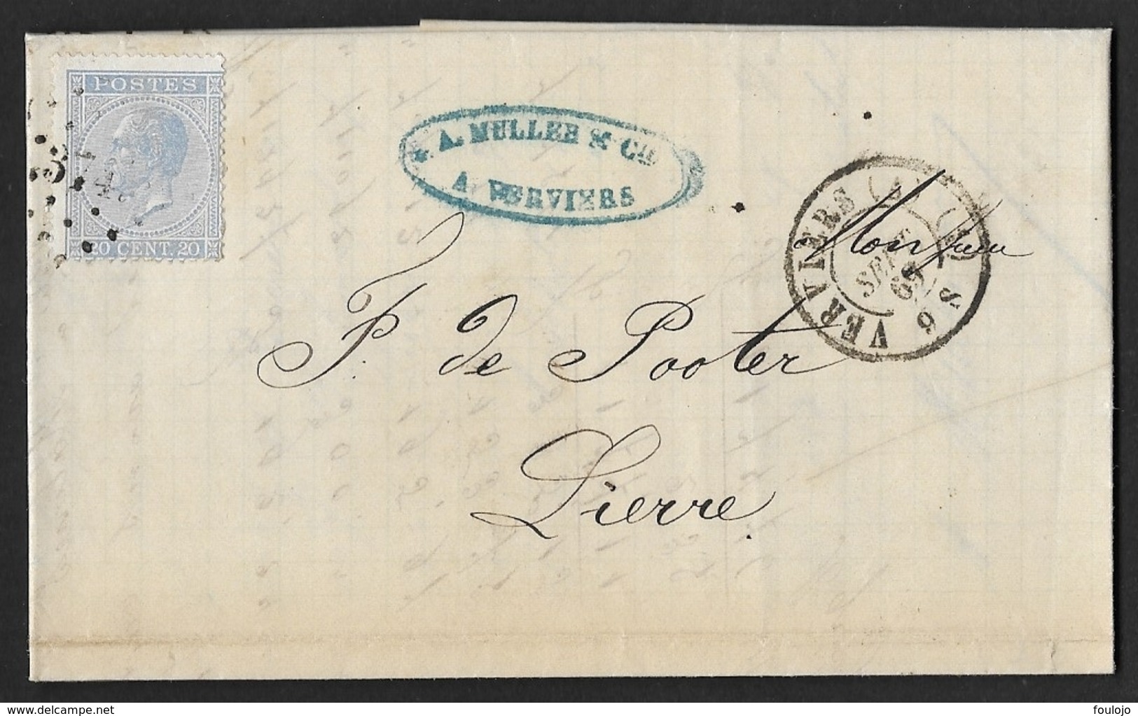 18  Sur Lettre Obl. LP 374 Verviers Càd DC  Verviers (A) (1) Le 1 Sept 1869 (Lot 874) - 1865-1866 Profil Gauche