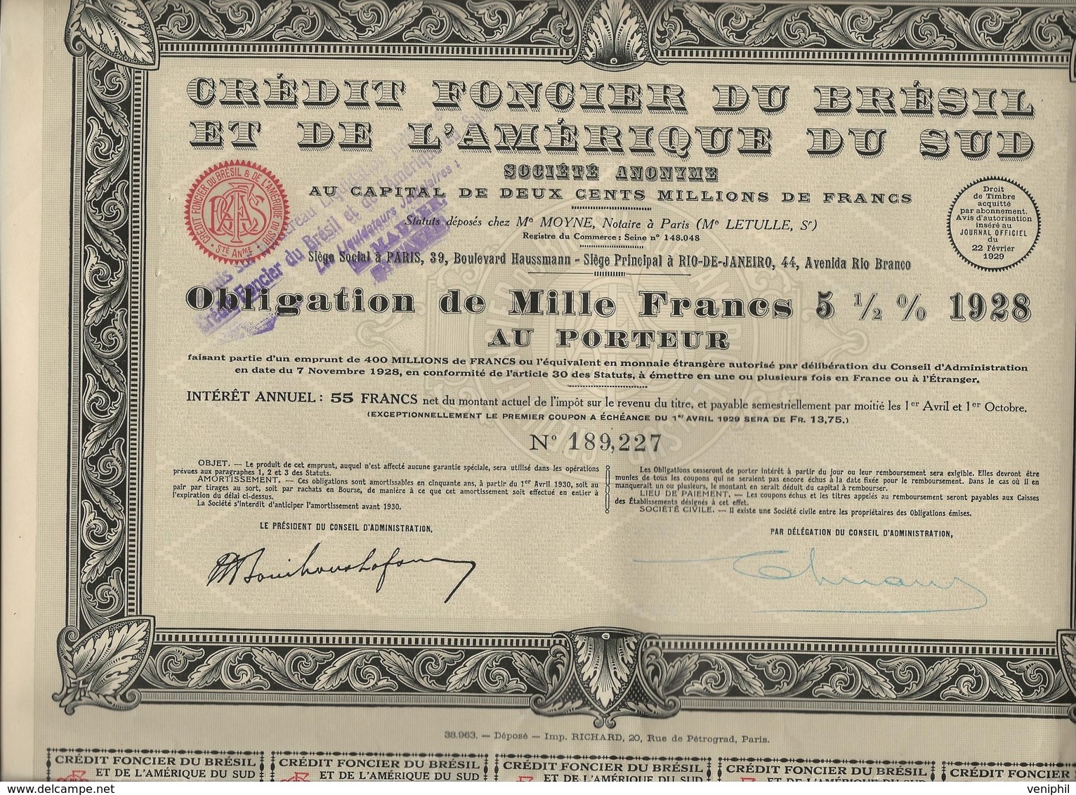 CREDIT FONCIER DU BRESIL ET DE L'AMERIQUE DU SUD -OBLIGATION DE 1000 FRS 5 1/2 % -1928 - Banca & Assicurazione