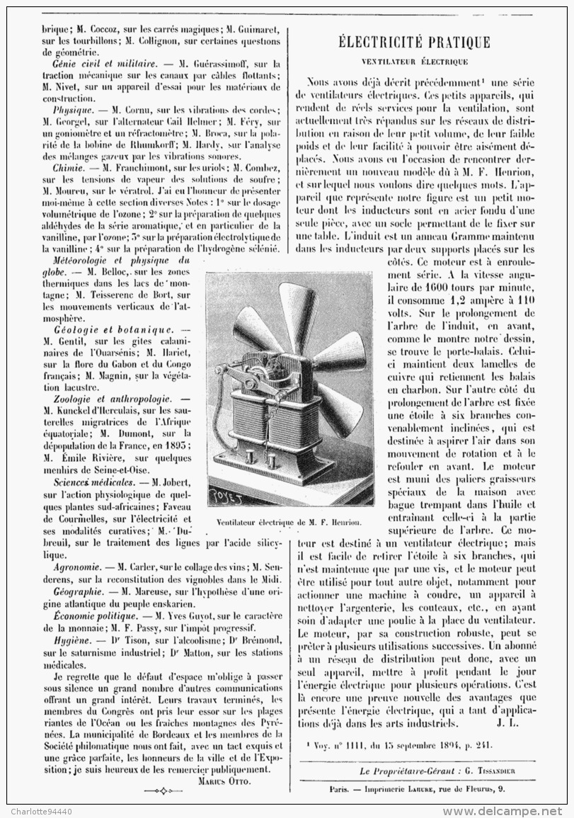 ELECTRICITE PRATIQUE   "  VENTILATEUR ELECTRIQUE "  1895 - Autres & Non Classés