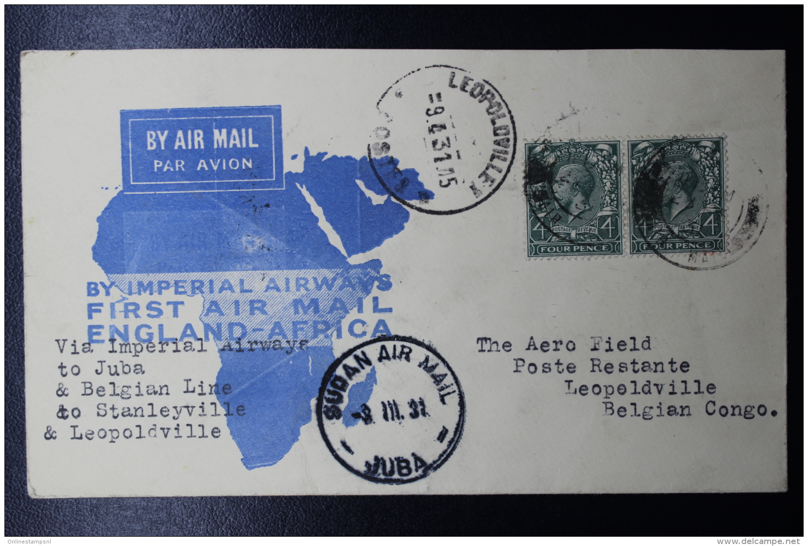 UK:  Cover By Imperial Airways 1931 To Khartoum, Aba, Leopoldville In Belgium Congo - Lettres & Documents