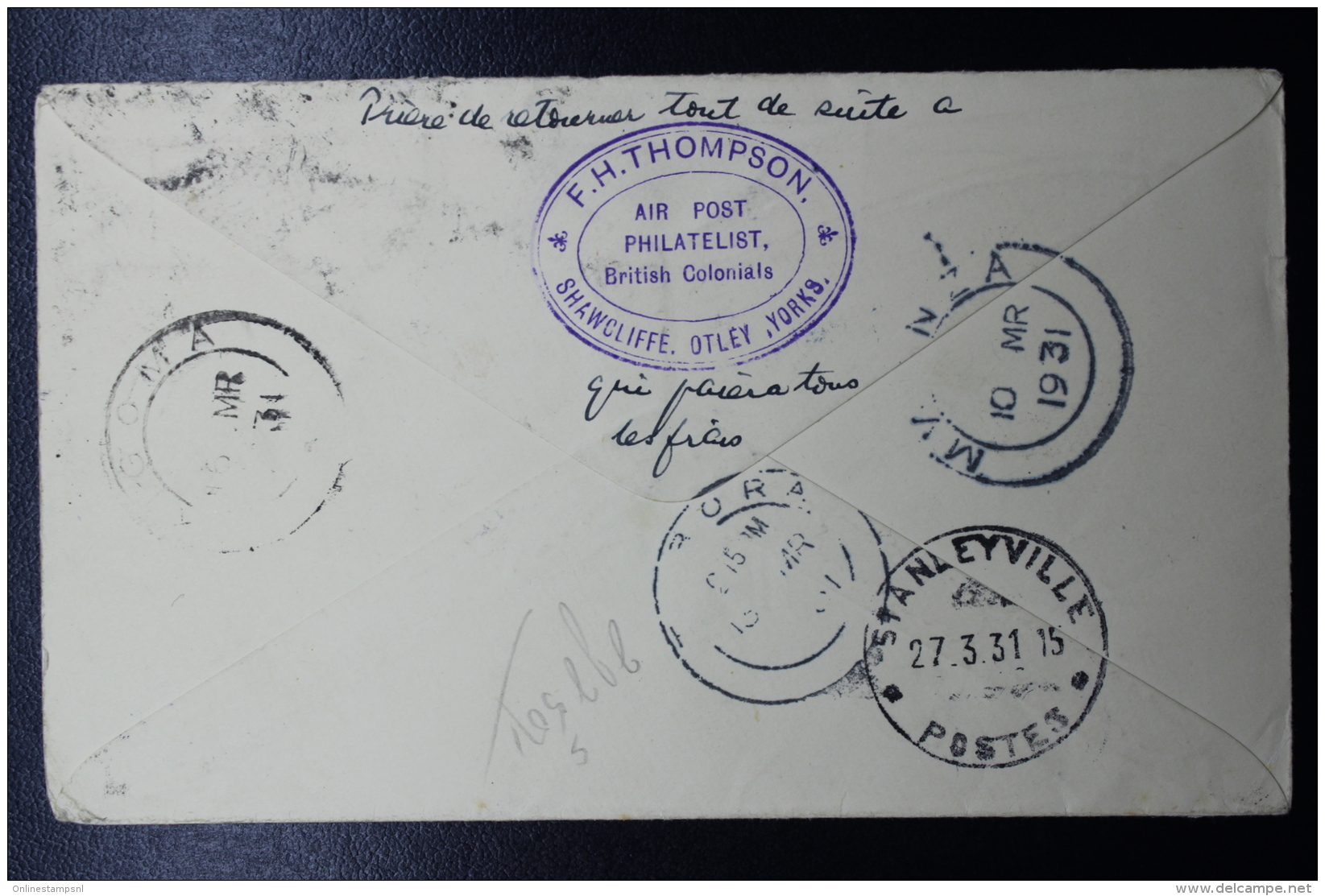 UK:  Cover By Imperial Airways 1931 Otley To Tagoma, Mwanza, Tabora , Stanleyville In Belgium Congo - Lettres & Documents