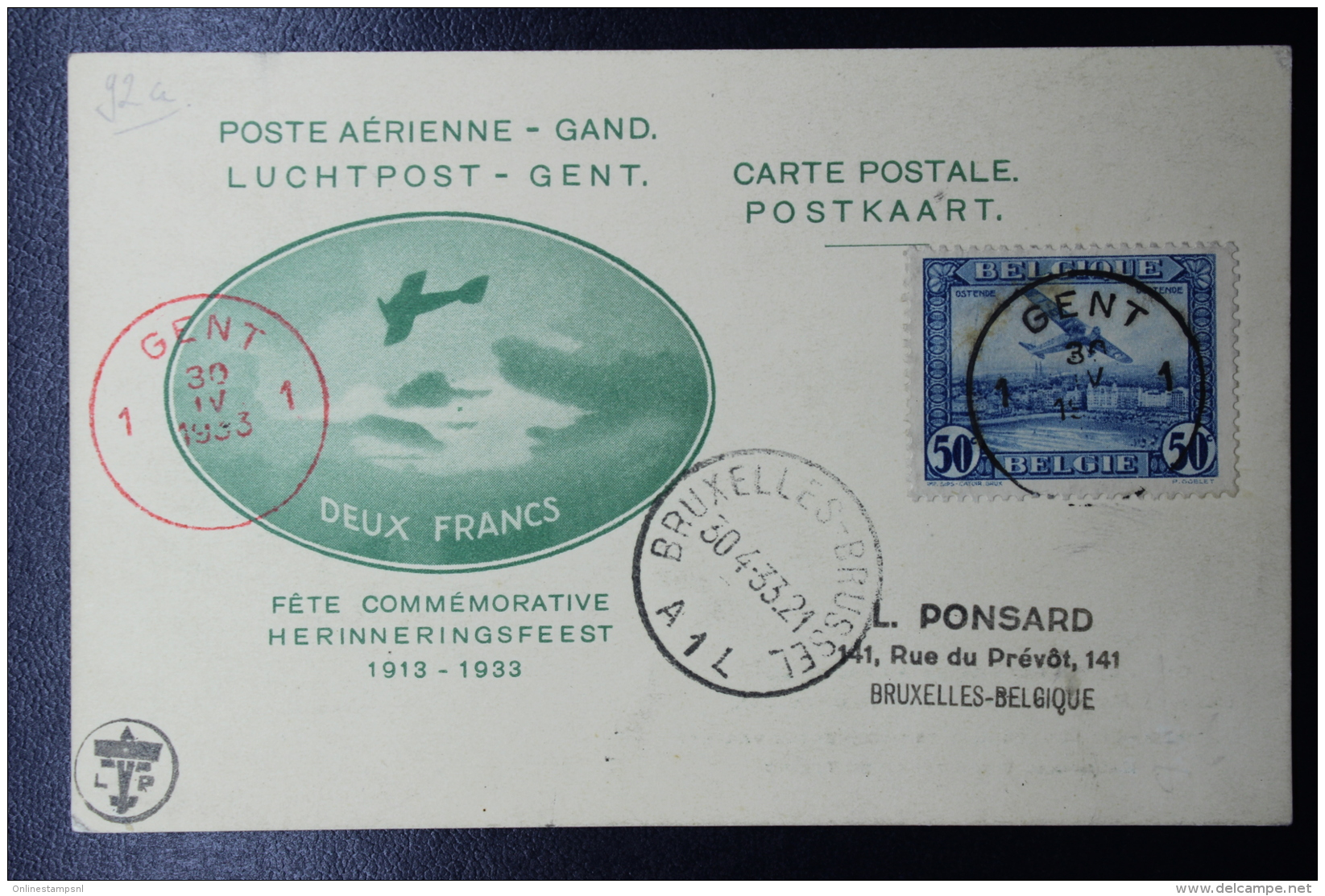 Belgium: Poste Aerienne Exposition De Gand, 1913, 20 Years Commemoration Flight 1933 Signed/ Signé/signiert - Andere & Zonder Classificatie