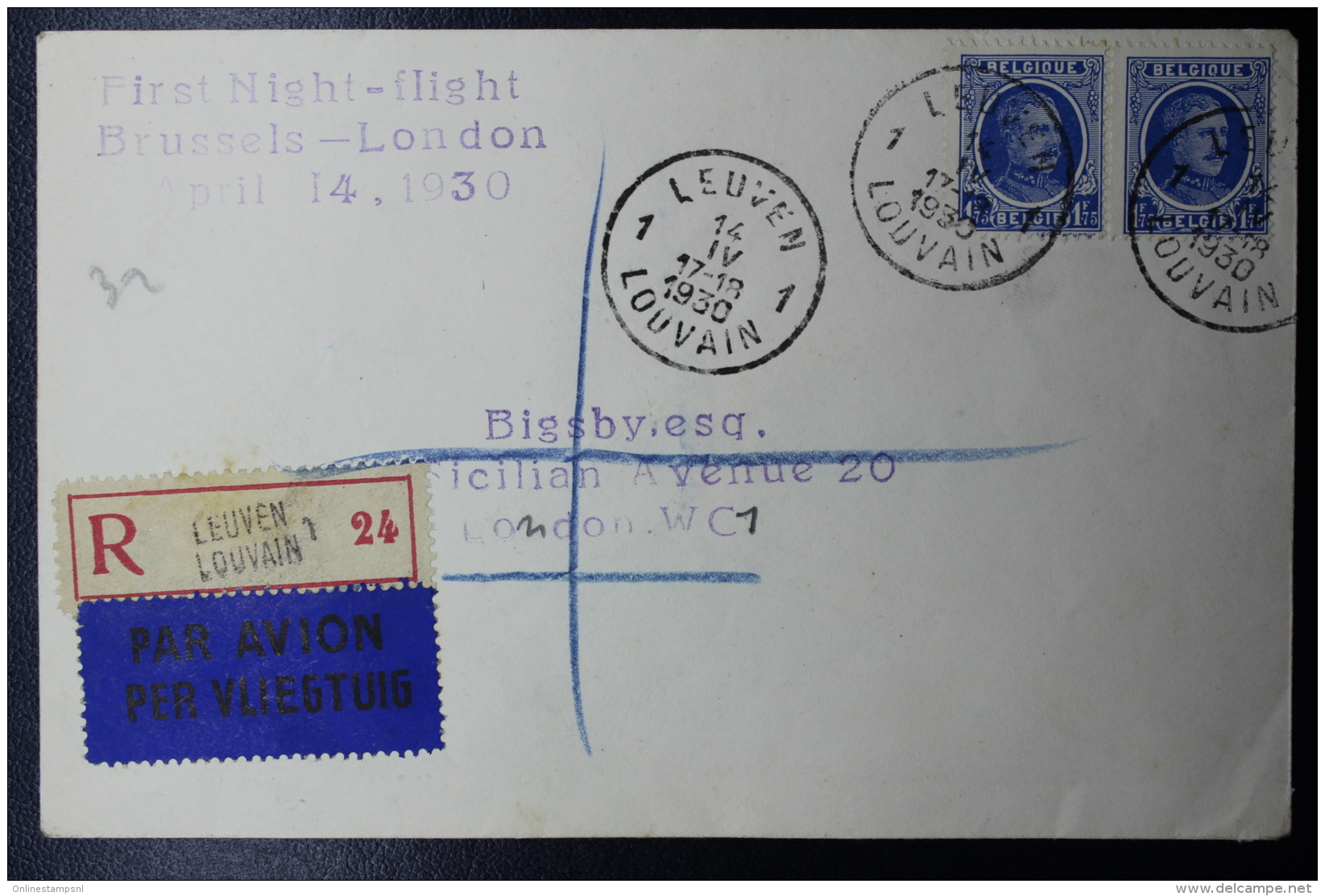 Belgium: Registered Airmail Cover  First Night Flight Leuven  Brussels - London - Other & Unclassified