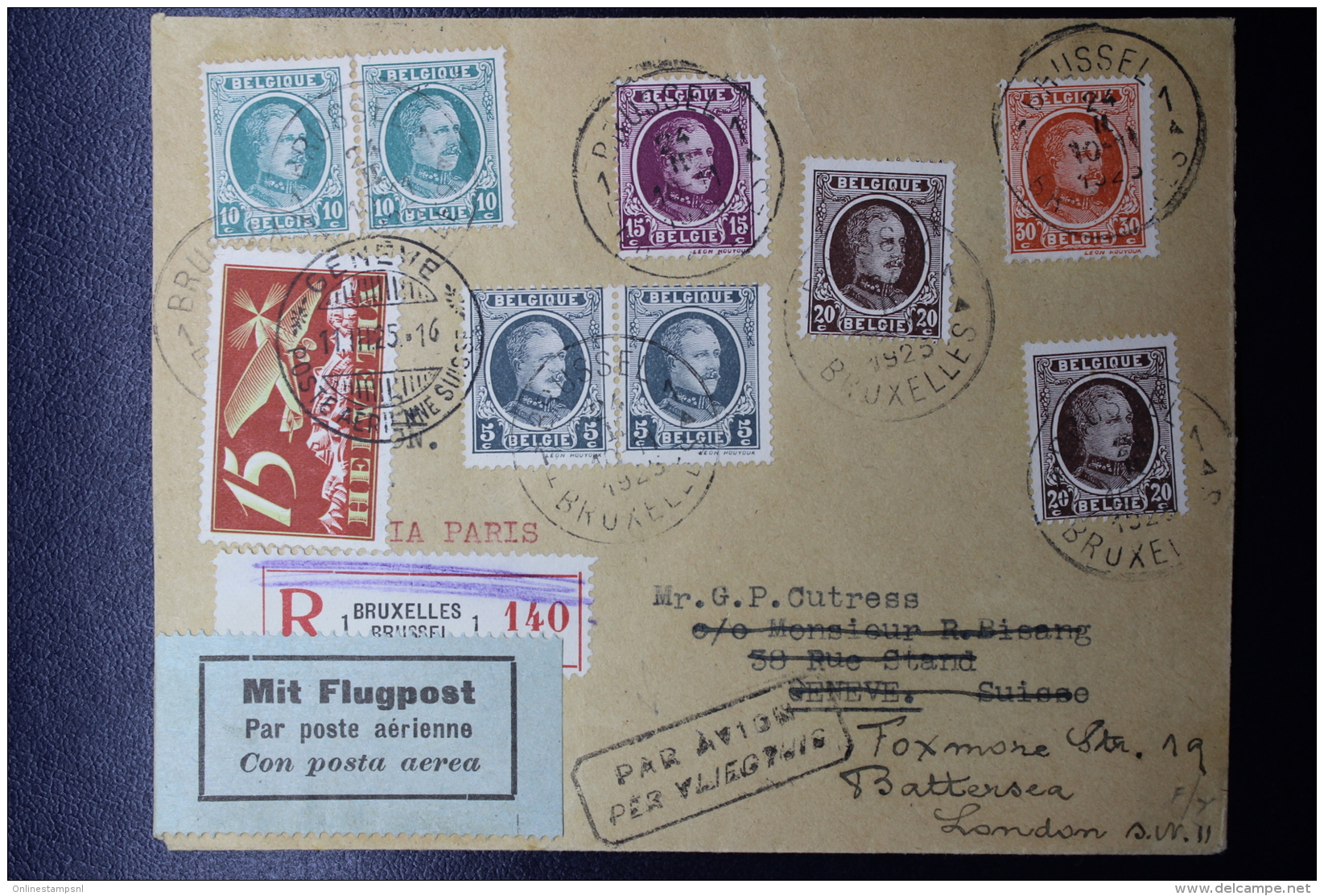 Belgium:  Airmail Cover Sabena Line Brussels, Paris, Geneva And Resend To London  24-2-1925 In Box Handstamp PAR AVION P - Other & Unclassified