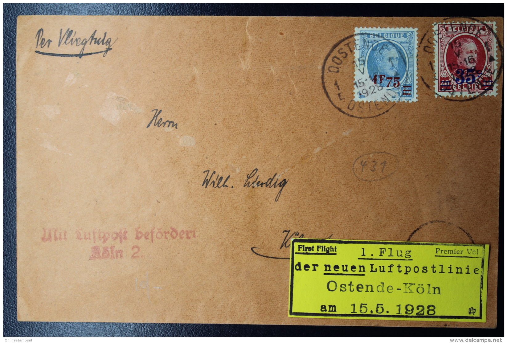 Belgium:  Airmail Cover First Flight Oostende -&gt;  Köln 15-5-1928 Yellow Label Is Attached At Only One Small Point - Altri & Non Classificati