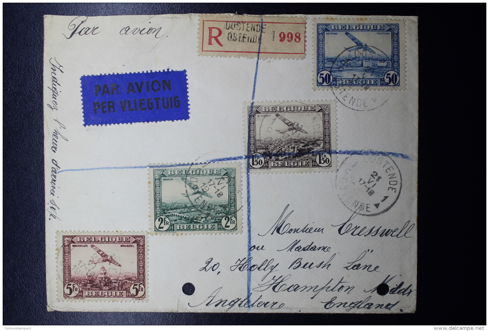 Belgium:  Registered  Airmail Cover Oostende -&gt; Hampton UK, OBP PA 1-4  21-6-1930 - Autres & Non Classés