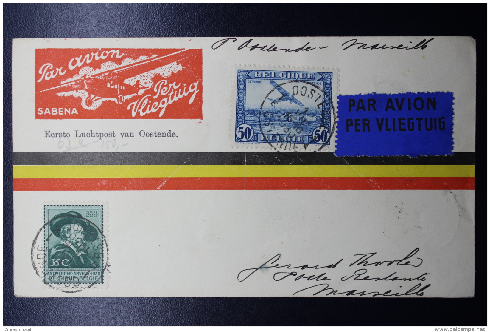 Belgium:  Airmail Cover Oostende -&gt; Marseille , OBP PA 1 First Flight Special Sabena Cover - Otros & Sin Clasificación