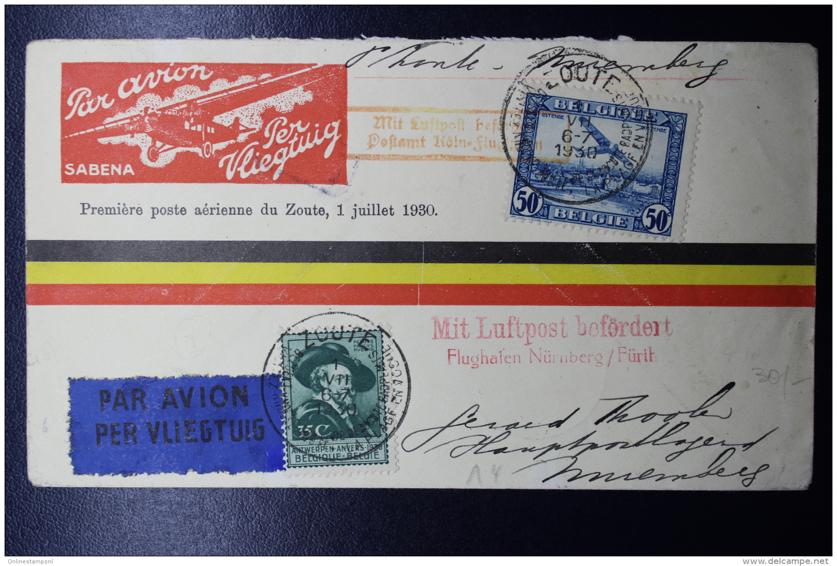 Belgium:  Airmail Cover  OBP PA 1 First Flight Du Zoute -&gt; Nurenberg Germany  Special Sabena Cover 1-7-1930 - Andere & Zonder Classificatie