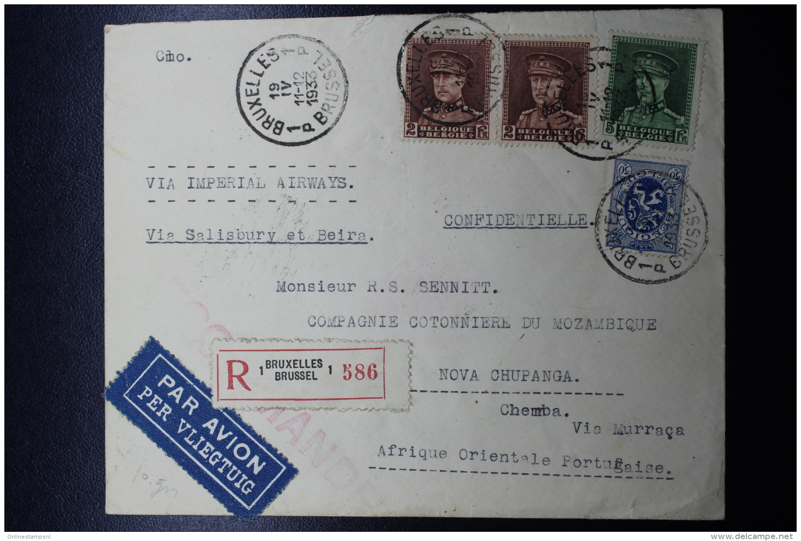 Belgium  Registered Airmail Cover Brussels - Nova Chupanga Portugeze West Africa, 1933 Imperial Airways, Label At Back - Other & Unclassified