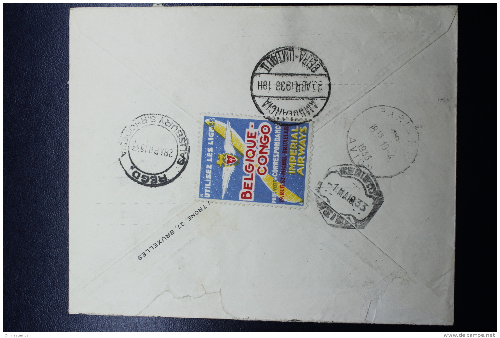 Belgium  Registered Airmail Cover Brussels - Nova Chupanga Portugeze West Africa, 1933 Imperial Airways, Label At Back - Other & Unclassified
