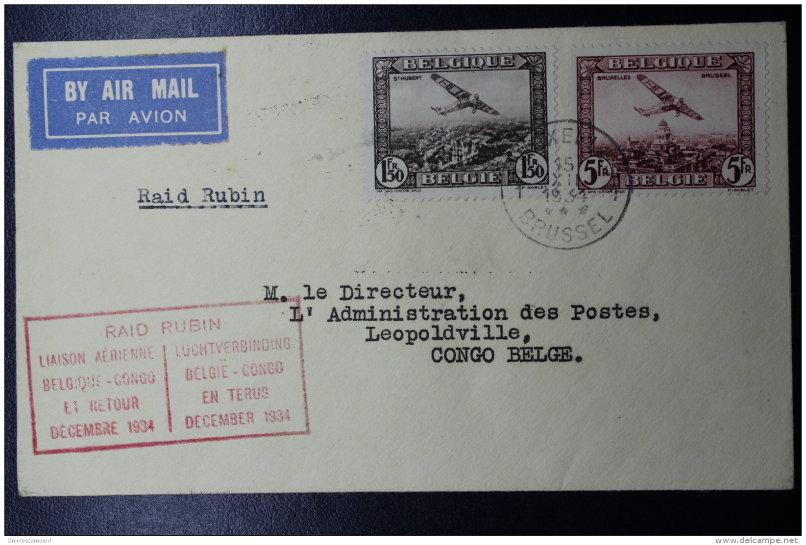 Belgium Airmail Cover Brussel  -&gt; Leopoldville, Raid Rubin , 15-12-1934 Mixed Stamps Muller 177A - Sonstige & Ohne Zuordnung