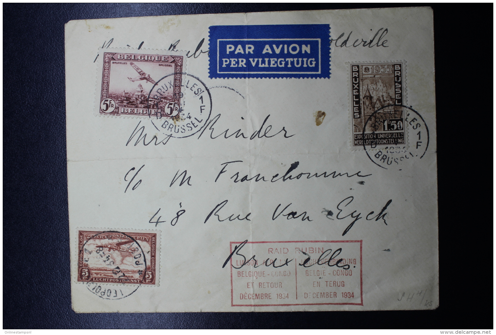 Belgium Airmail Cover Brussel  -&gt; Leopoldville, Raid Rubin , 15-12-1934 Mixed Stamps - Otros & Sin Clasificación