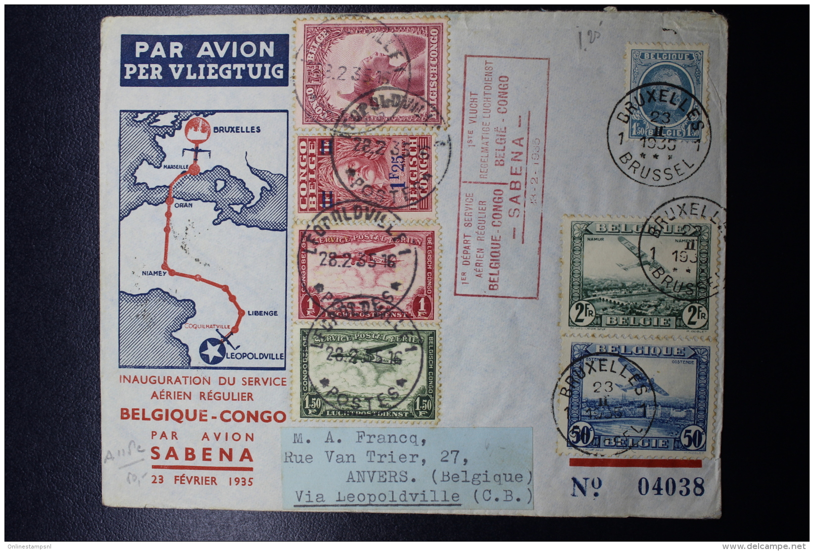 Belgium Airmail First Flight Cover Brussels  Leopoldville 23-2-1935 Sabena (both Ways) - Andere & Zonder Classificatie