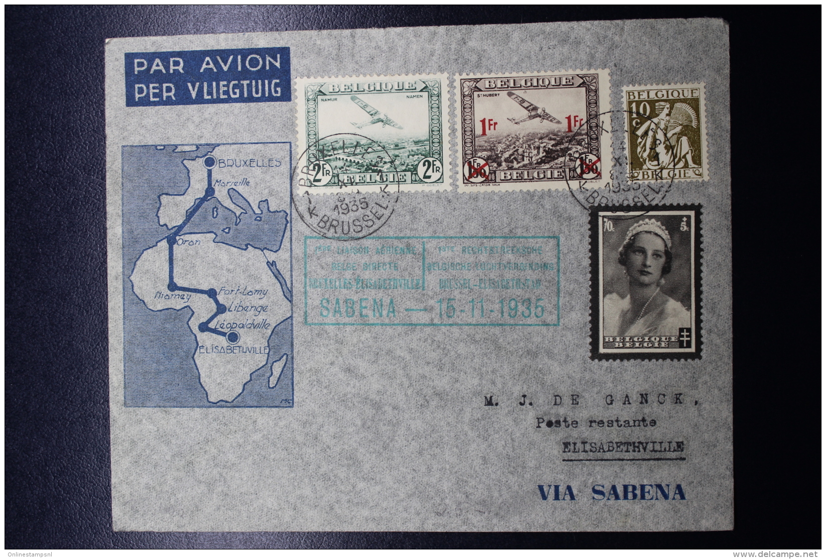 Belgium Airmail Cover Brussels -&gt;Elisabethville First Direct Flight  (not Via Leopoldville) 16-11-1935 Sabena - Altri & Non Classificati