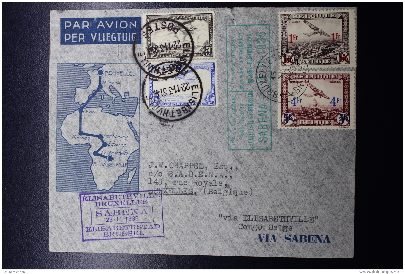 Belgium Airmail Cover Brussels -&gt;Elisabethville -&gt;Brussels First Direct Flight  (not Via Leopoldville) 23-11-1935  - Andere & Zonder Classificatie