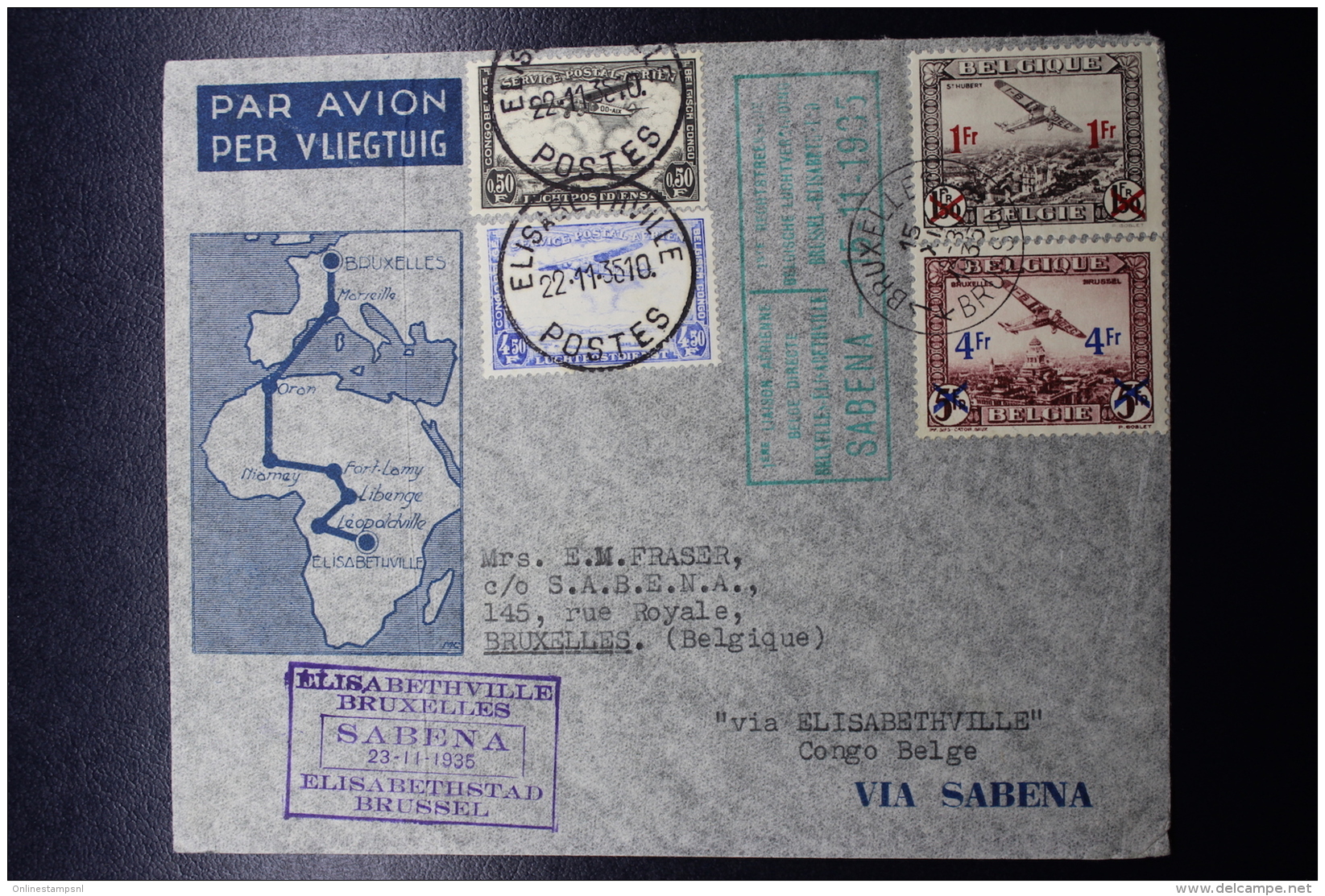 Belgium Airmail Cover Brussels -&gt;Elisabethville -&gt;Brussels First Direct Flight  (not Via Leopoldville) 23-11-1935  - Autres & Non Classés