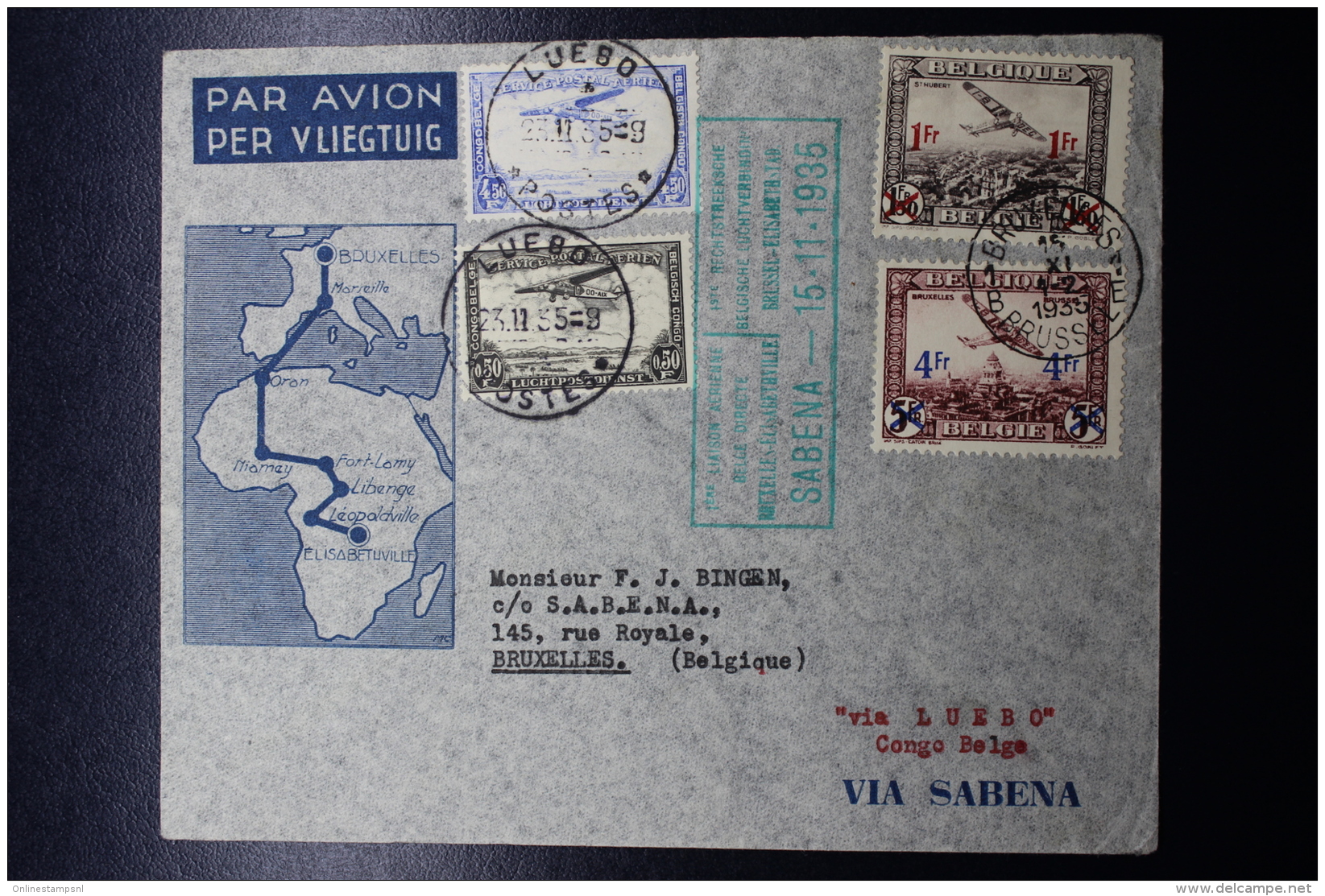 Belgium Airmail Cover Brussels -&gt;Elisabethville -&gt; LUEBO-&gt; Brussels First Direct Flight 15-11-1935 - Other & Unclassified