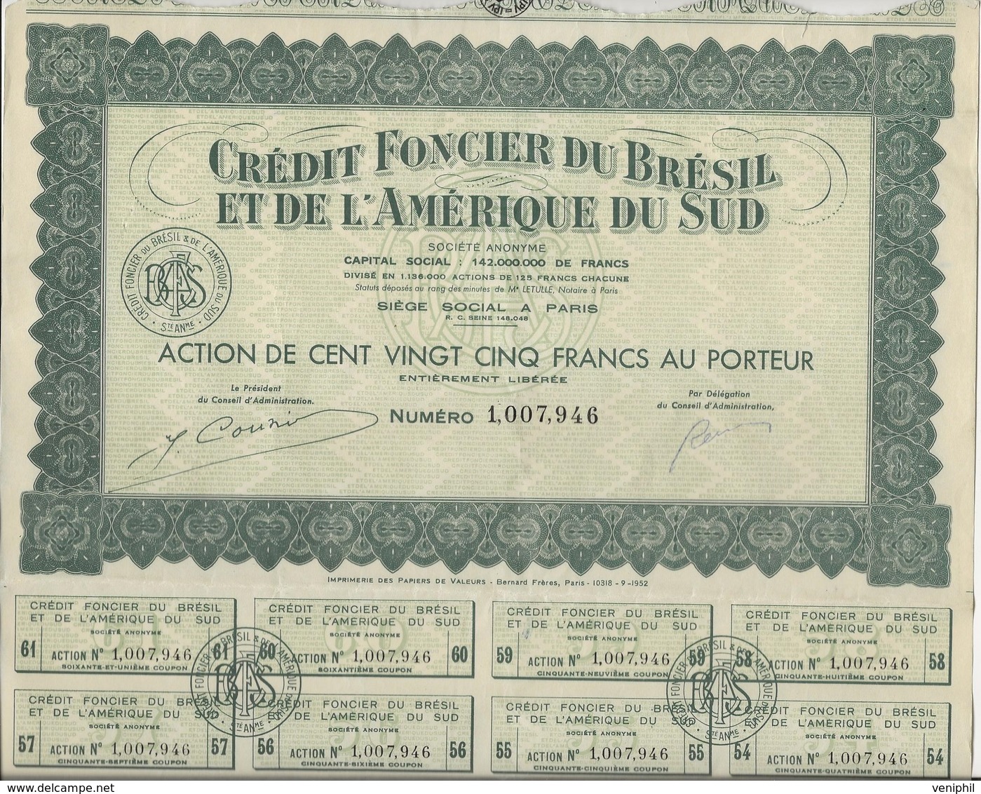 CREDIT FONCIER DU BRESIL ET DE L'AMERIQUE DU SUD - 1/2 % -ACTION CENT VINGT CINQ FRANCS-1952 - Bank En Verzekering