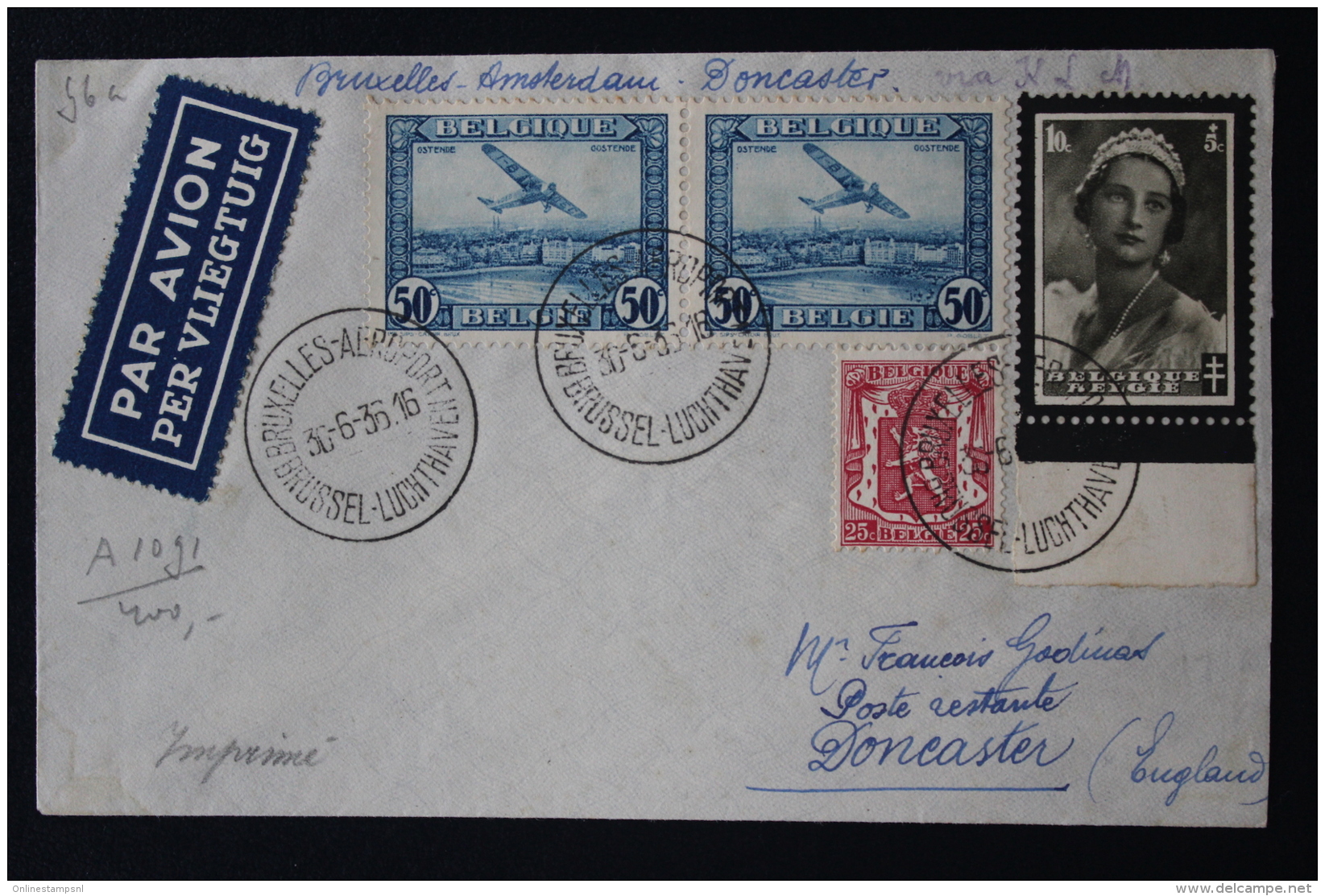 Belgium Airmail Cover Brussels -&gt; Amsterdam -&gt; Doncaster UK , KLM 30-6-1936  Pair PA 51 - Otros & Sin Clasificación