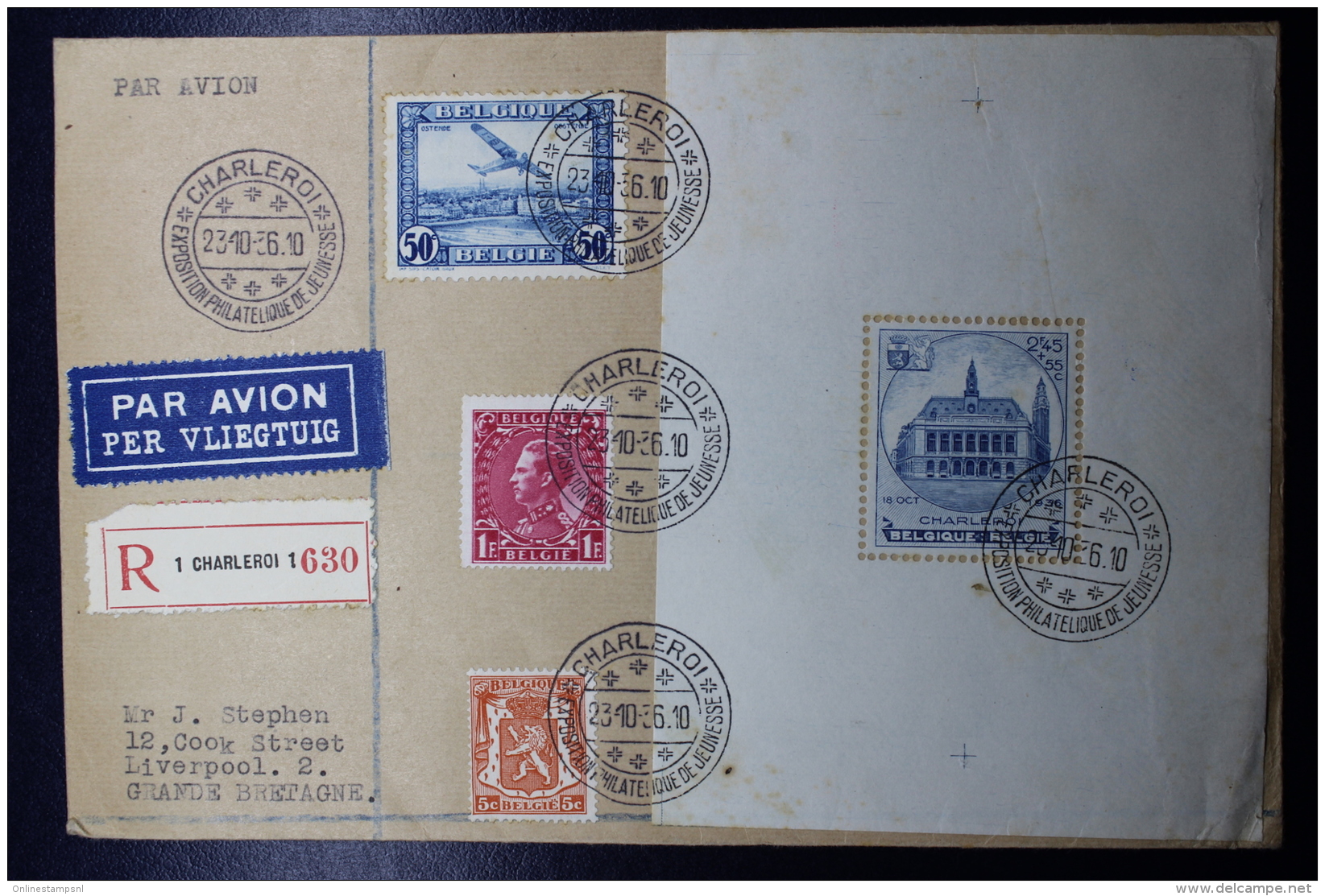 Belgium Registered Airmail Cover Charleroi -&gt; Liverpool UK Block 6    23-10-1936 - Other & Unclassified