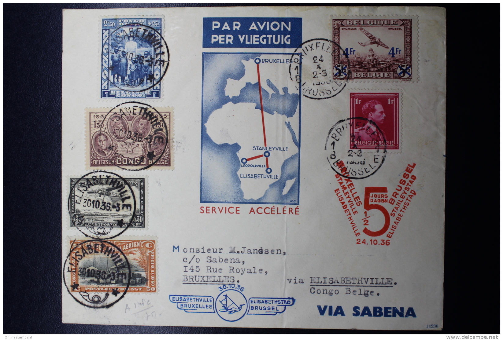 Belgium Airmail Cover First Flight Accelerated Service Brussels -&gt; Elisabethville Congo -&gt; Brussels  24-10-1936 Si - Otros & Sin Clasificación