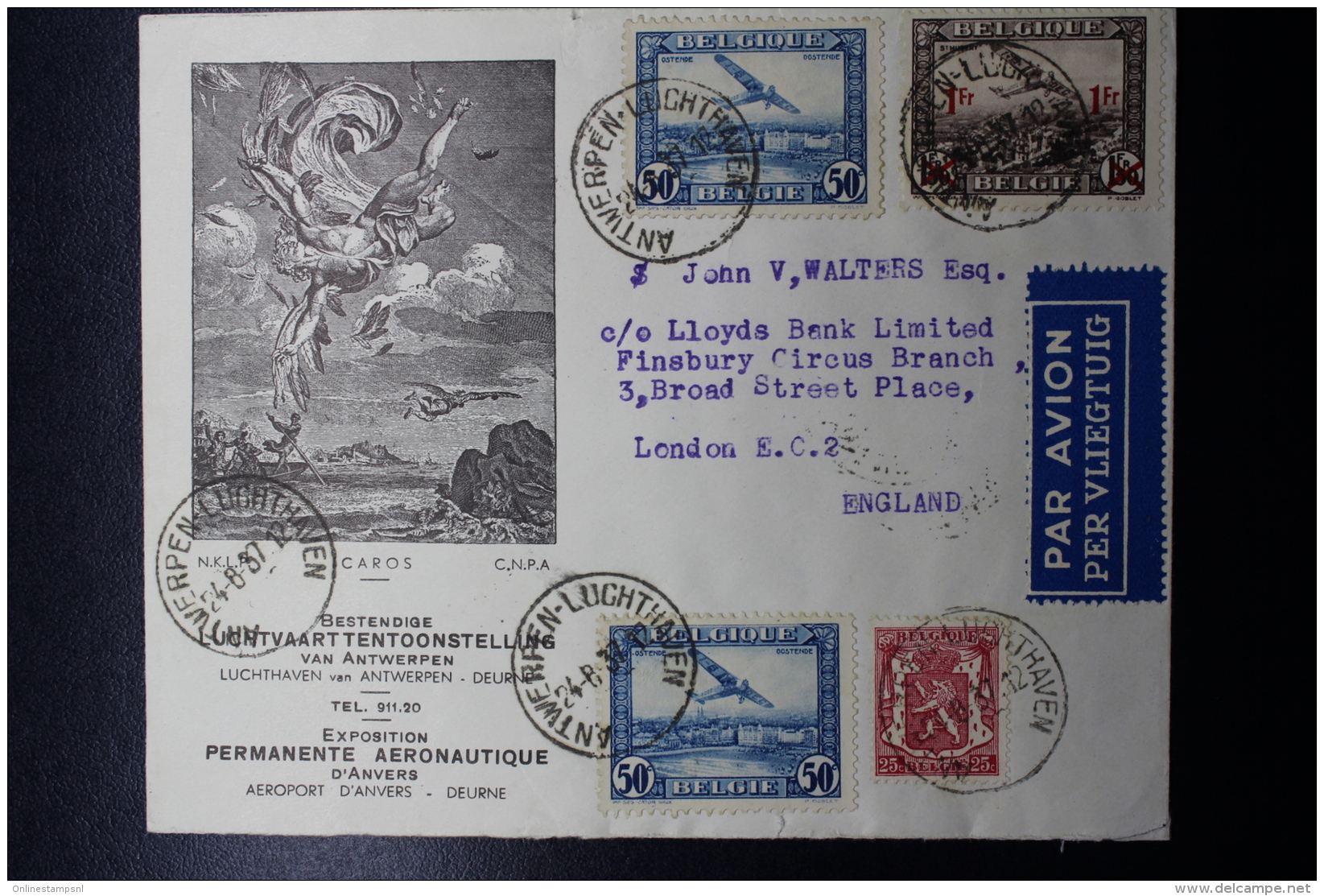 Belgium Airmail Cover Antwerp - London, Antwerp Permanent Aeronautical Exhibition 24-8-1937 - Altri & Non Classificati