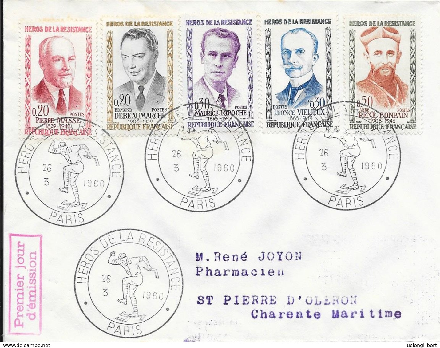 TIMBRE N° 1248 A 1252 SERIE  -  HEROS DE LA RESISTANCE   - CACHET N° 2422  -  1er JOUR - - 1960-1969