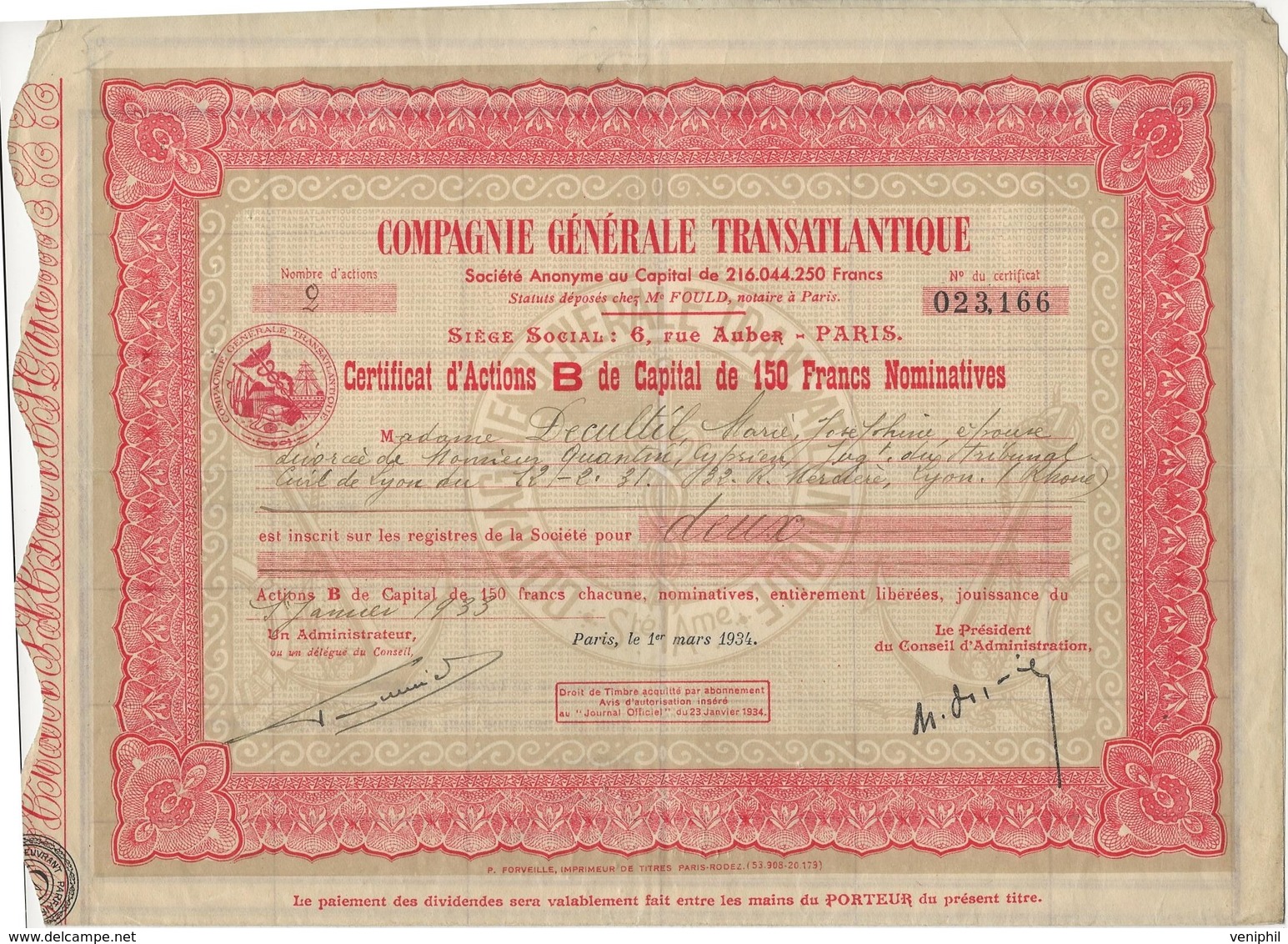 COMPAGNIE GENERALE TRANSATLANTIQUE-CERTIFICAT D'ACTIONS B DE CAPITALDE 150 FRS- ANNEE 1934 - Navigation