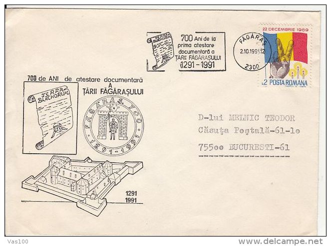 FAGARAS COUNTRY ANNIVERSARY, FORTRESS, SPECIAL COVER, 1991, ROMANIA - Lettres & Documents