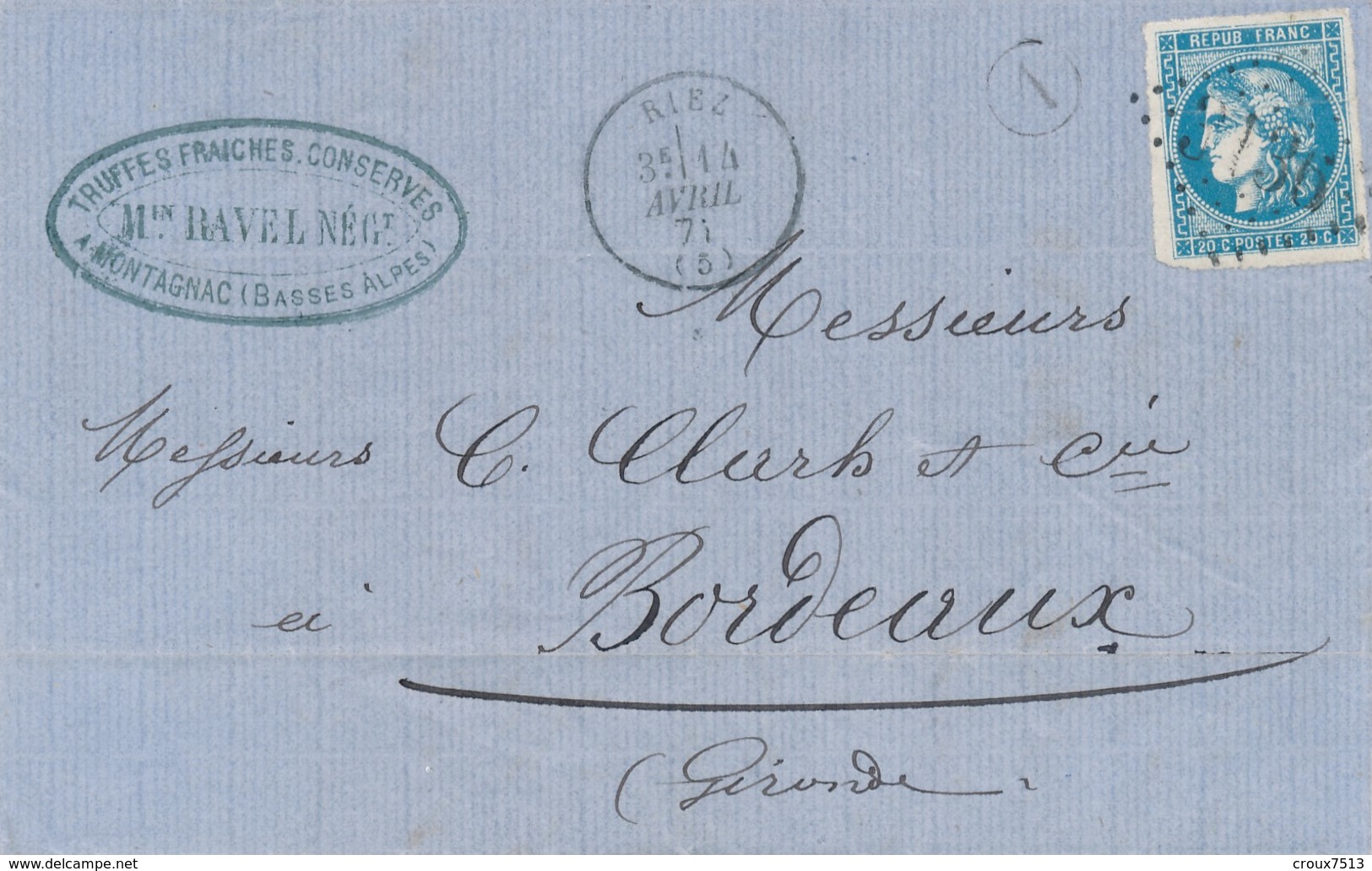 LAC 1871 De Riez Avec 20 C Bleu N° 46 B Cachet A De Facteur SUP D'aspect. - 1870 Bordeaux Printing