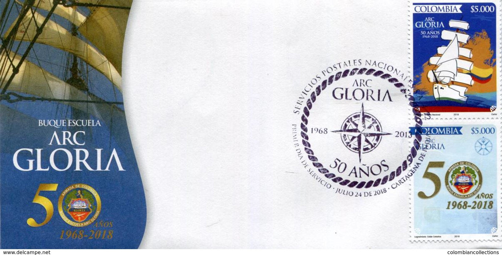 Lote 2018-14F, Colombia, 2018, 3 SPD-FDC,  Buque Escuela ARC Gloria 50 Años, Flag, Emblematic Sailing Ship - Colombia