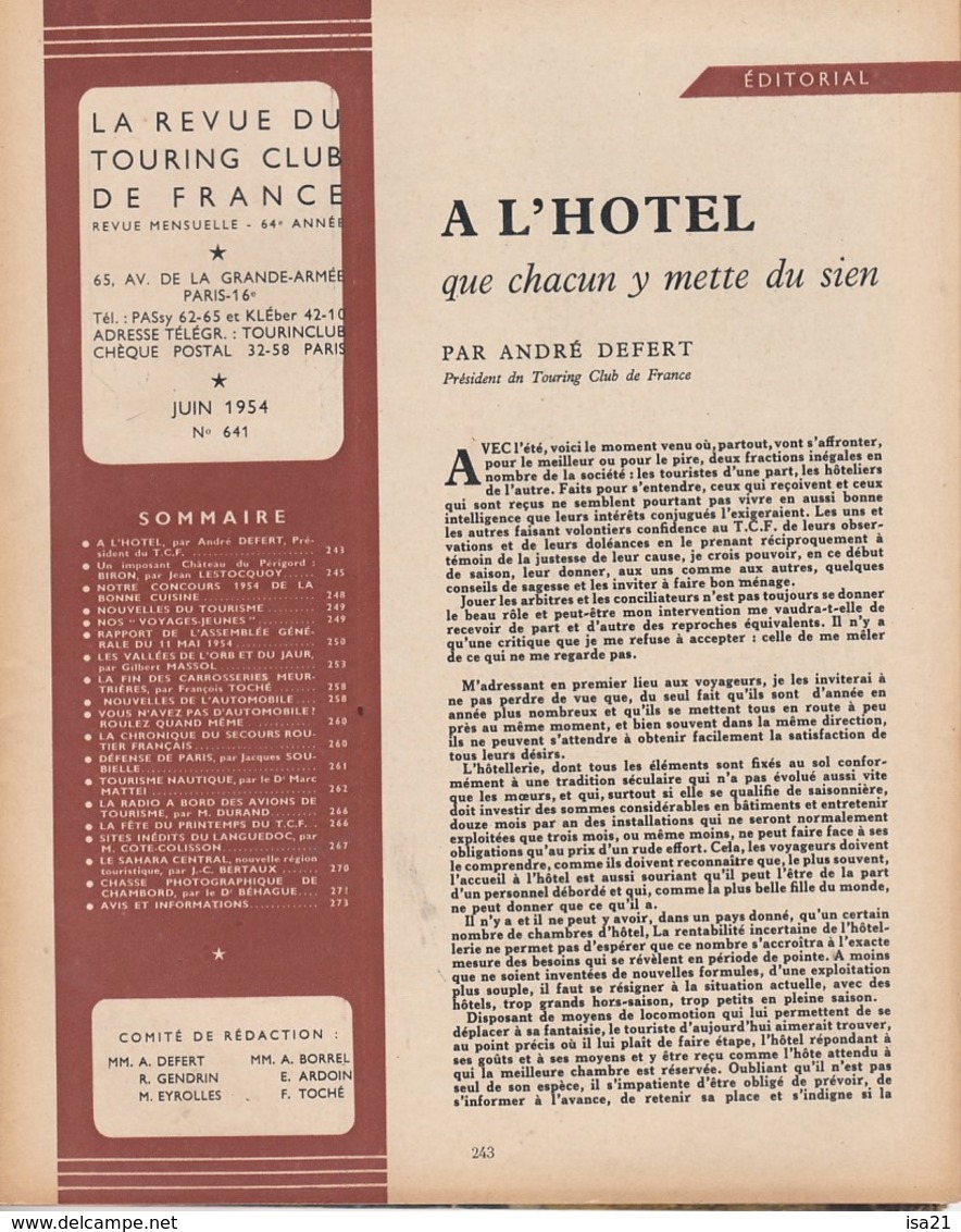 La Revue Du Touring Club 1954 Juin, ARCACHON, BIRON Périgord, L'Orb Et Le Jaur, Nautisme,  Le Sommaire Est Scanné... - Auto/Moto