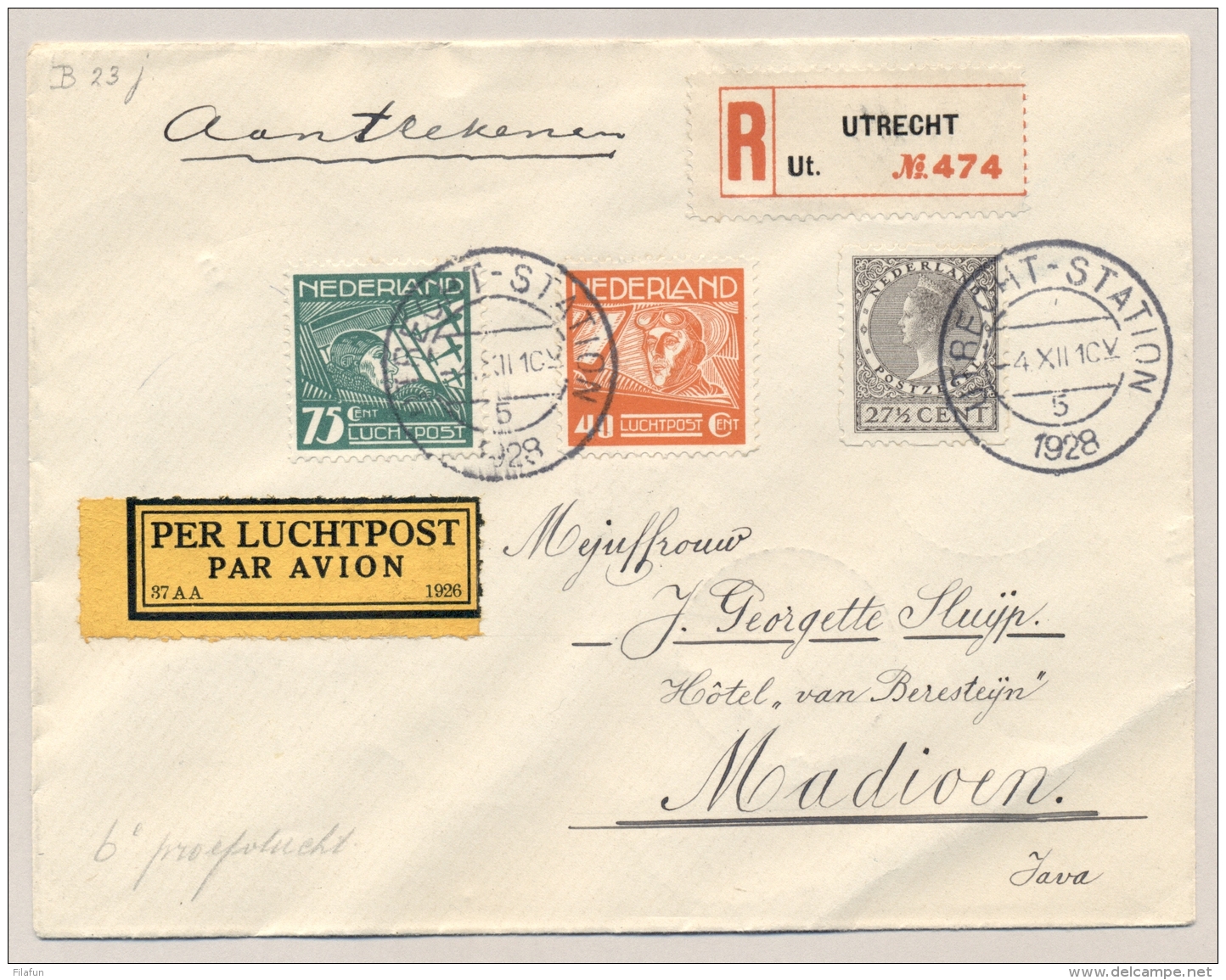 Nederlands Indië - 1928 - 27,5 Cent Veth Met Roltanding Op R-Cover Met 6e KLM Proefvlucht Van Utrecht Naar Madioen - Nederlands-Indië