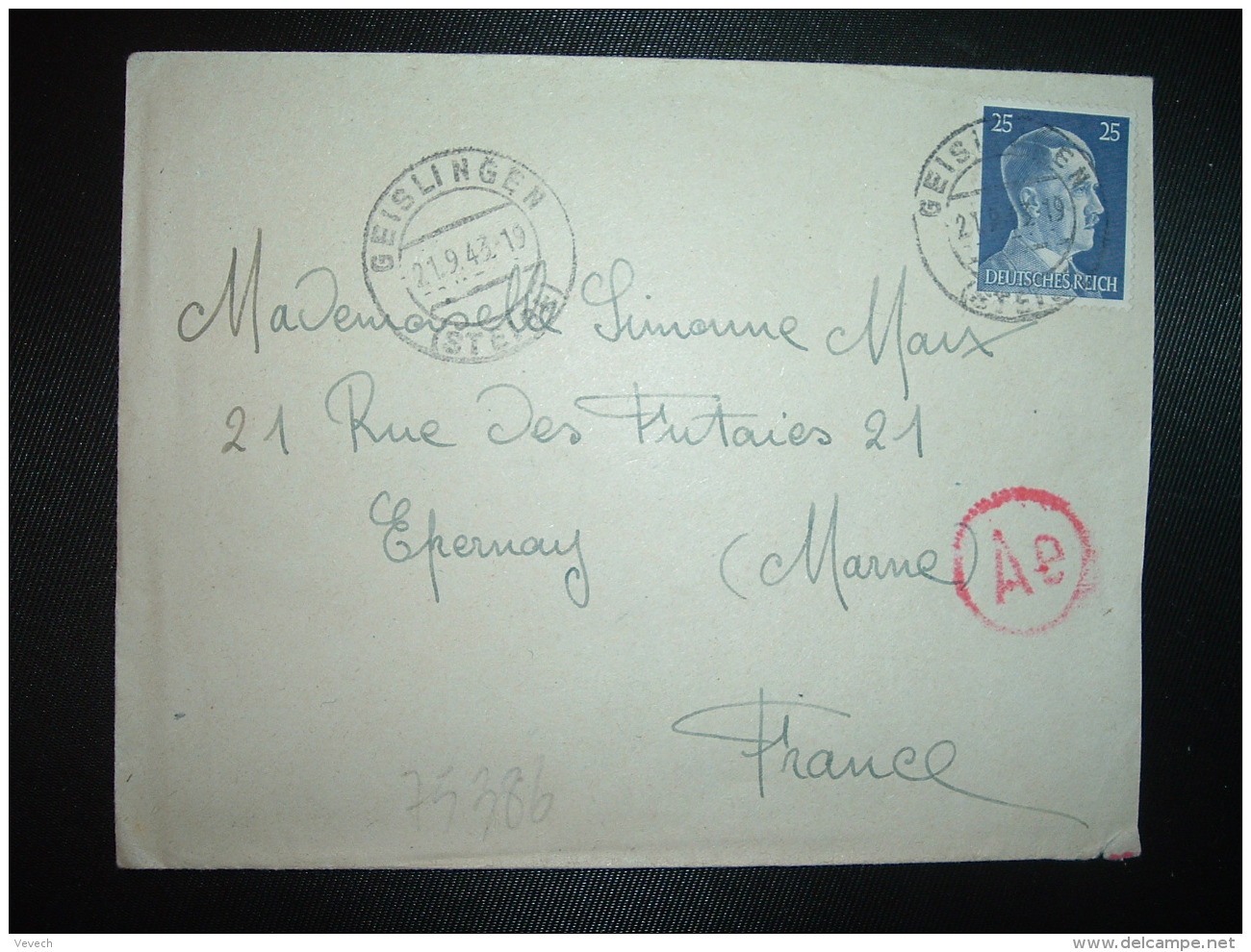 LETTRE Pour La FRANCE TP 25 OBL.21-9 43 GEISLINGEN + CENSURE - Guerre De 1939-45