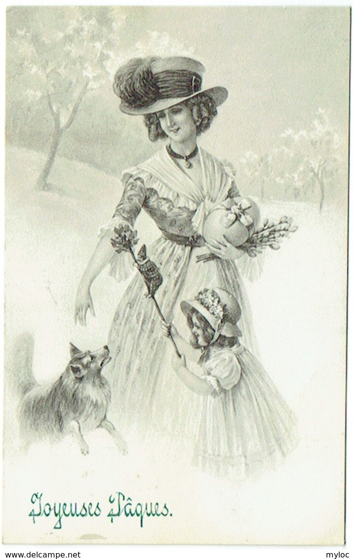 Illustrateur V.K.Vienne. Femme. Enfant Et Chien. Joyeuses Pâques. - Pascua