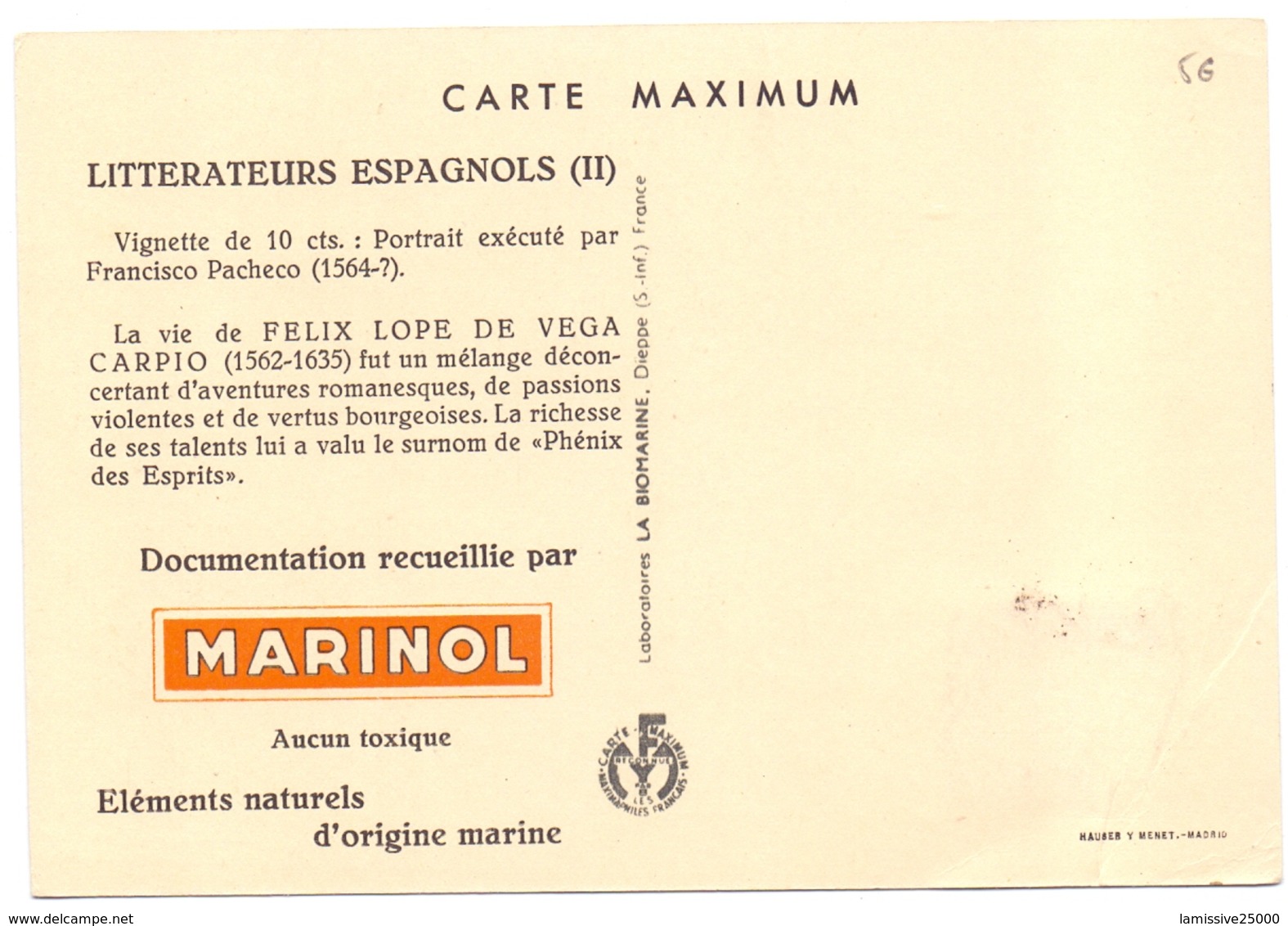 Carte Maximum Pub Biomarine Espagne Felix Lope De Vega Carpio - Cartas & Documentos