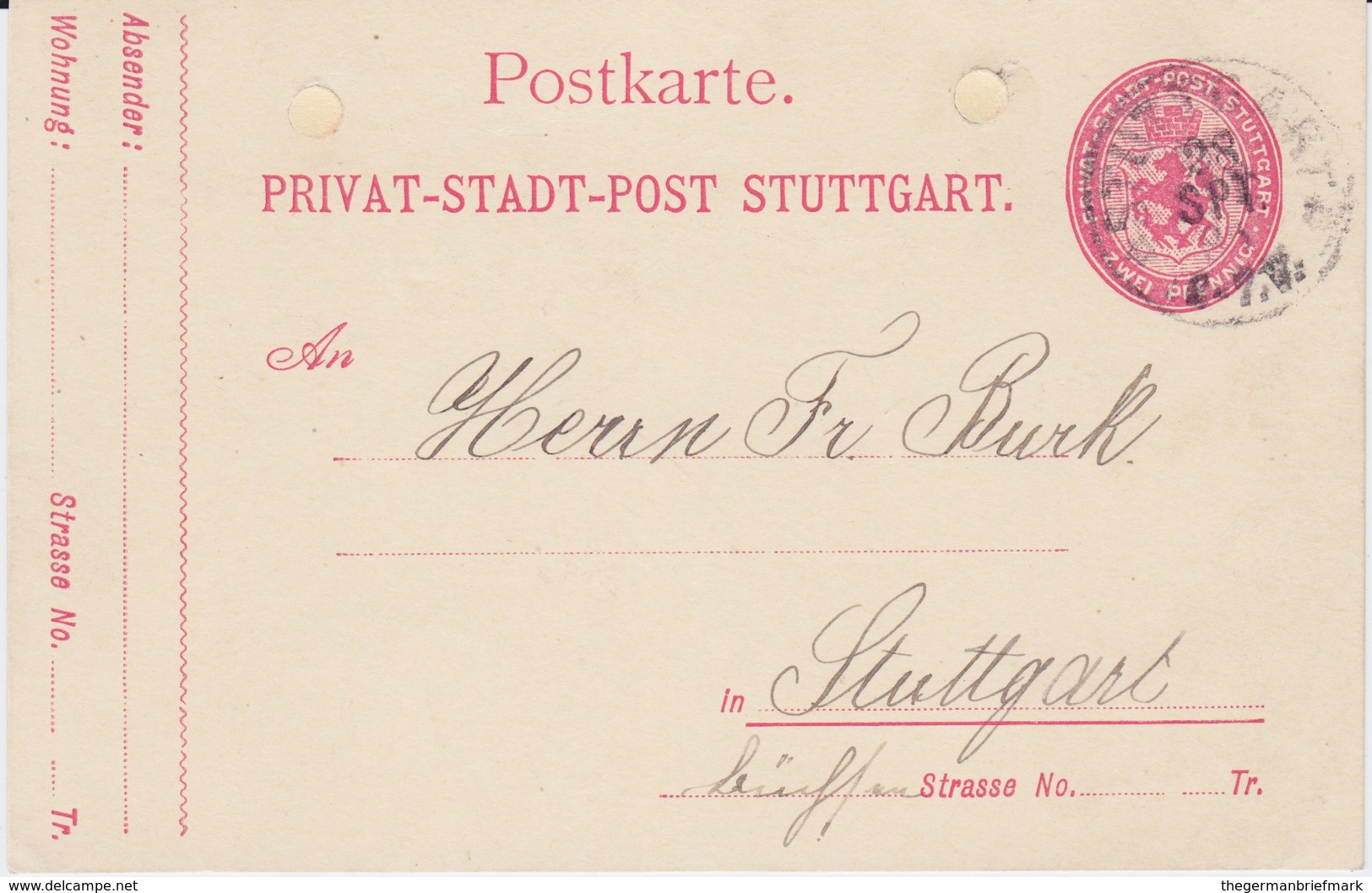 Stadtpost Deutsche Privatpost Stuttgart Ganzsache 1895 - Privatpost
