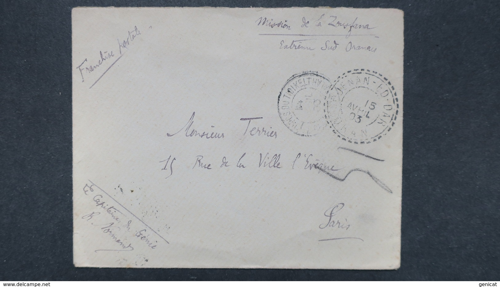 Lettre Maroc Griffe Mission De La Zousfana Extreme Sud Oranais 1903 Pour Paris Voir Scans - Lettres & Documents